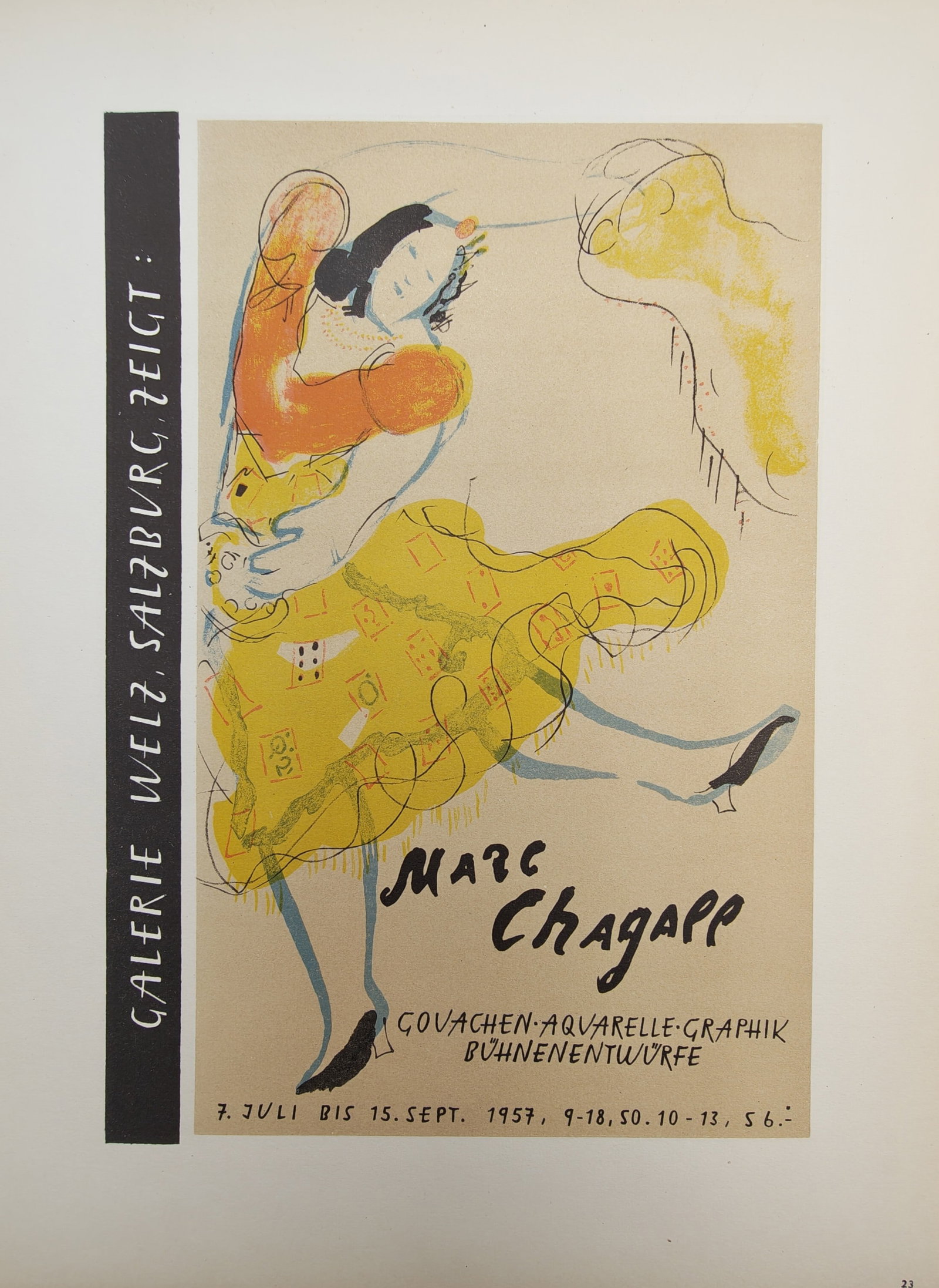 Marc Chagall – Exhibition Poster with Yellow Dancer for Galerie Welz Salzburg – Offset print: "Galerie Welz Salzburg Shows: Marc Chagall" presents an expressive modernist poster composition illustrating a floating female dancer in vibrant orange and yellow dress surrounded by fluid linear form