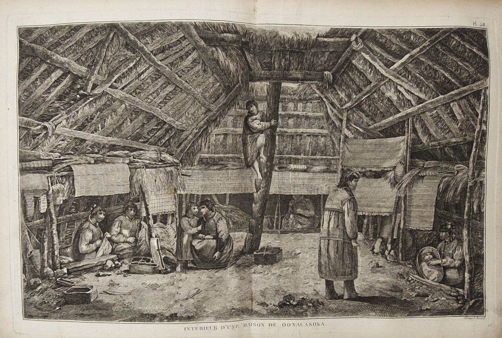 John Webber – Interior View of an Aleutian Dwelling in Unalaska – Engraving (18th Century) (1 of 2)