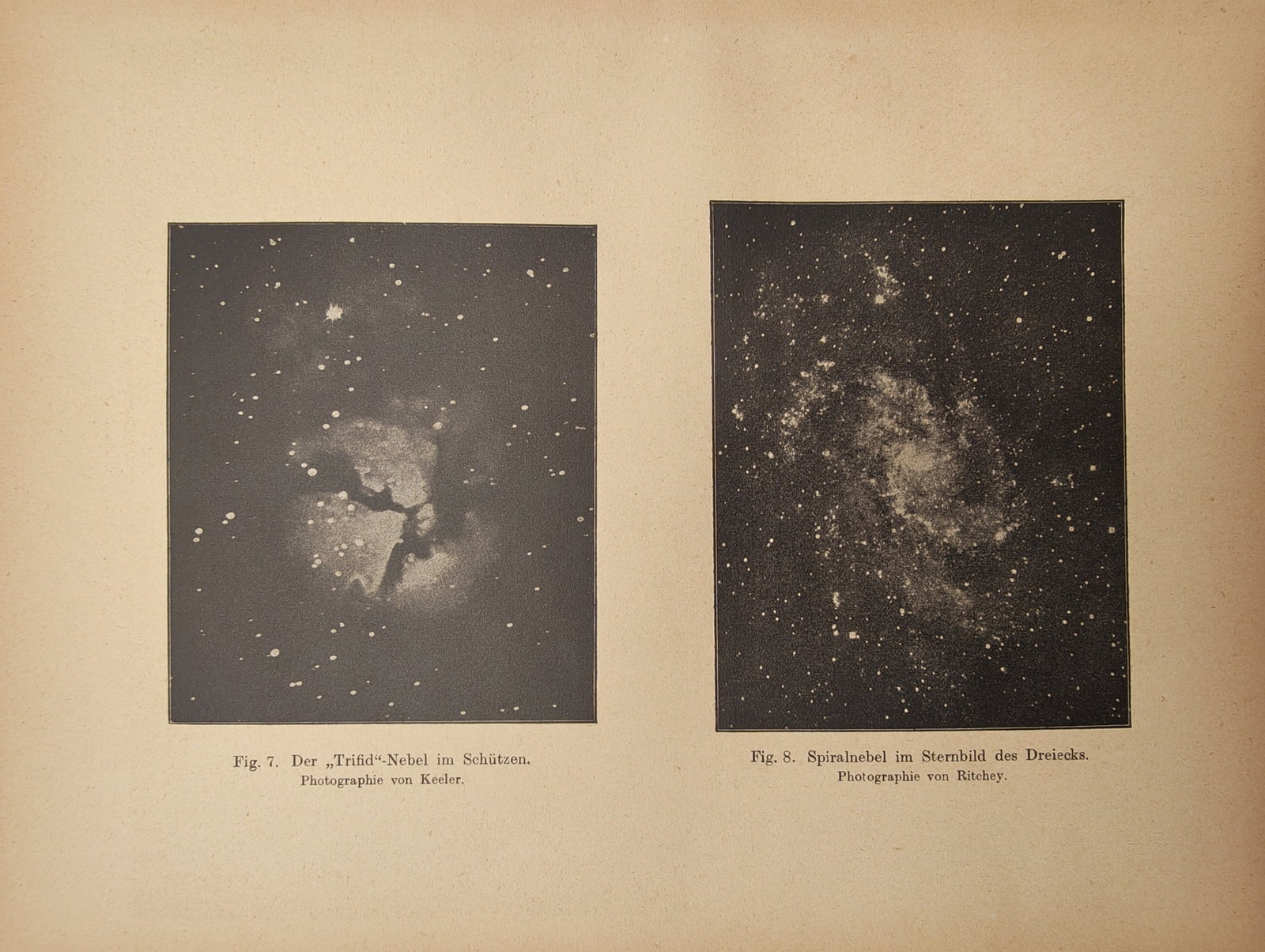 James Edward Keeler – Astronomical Astrophotographs of the Trifid Nebula and Triangulum Spiral: "The 'Trifid' Nebula in Sagittarius; Spiral Nebula in the Constellation Triangulum" presents two landmark astrophotographical plates illustrating the luminous lobes and dark dust lanes of the Trifid N