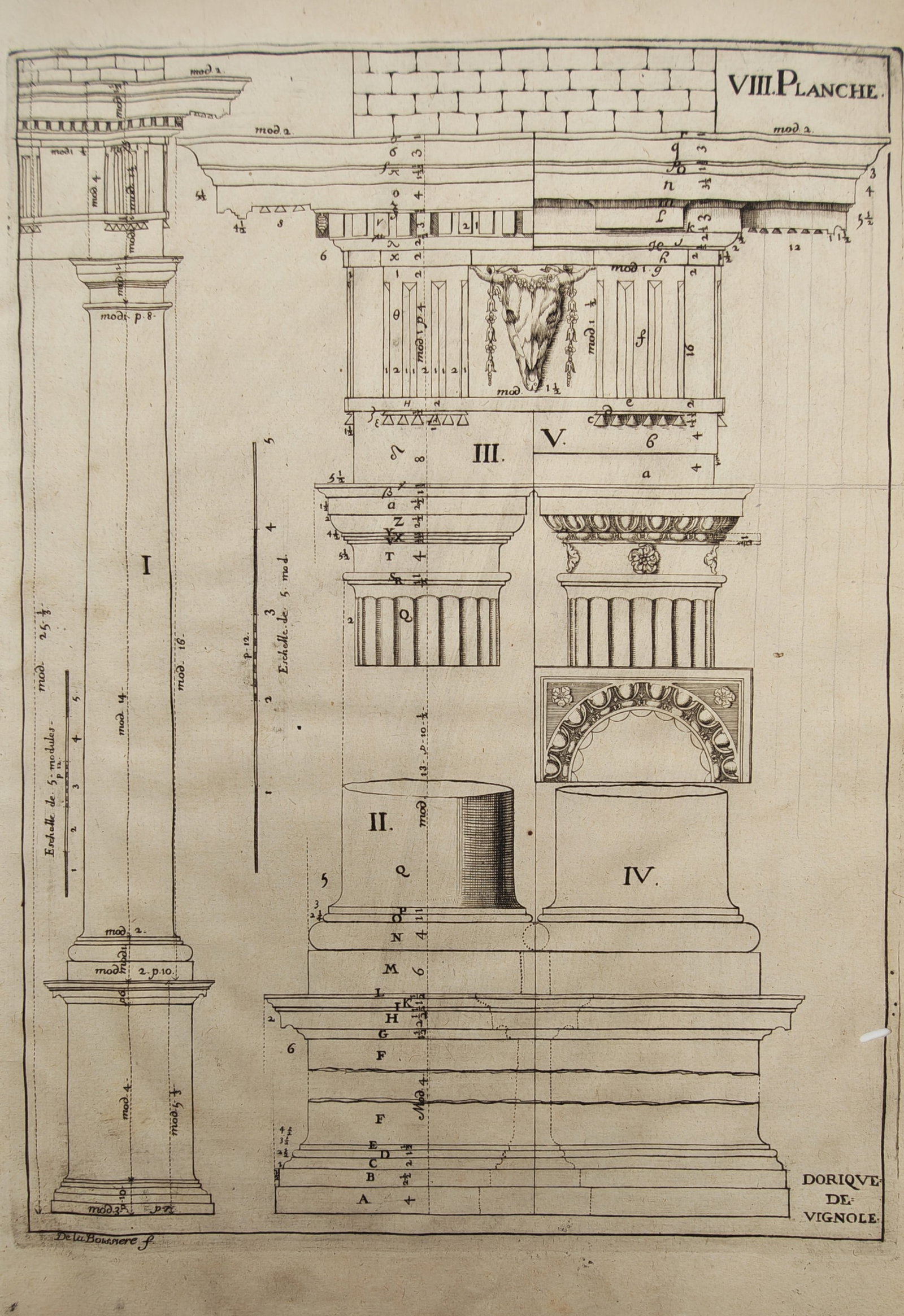 François Blondel – Architectural Study of the Doric Order after Vignola – Engraving (17th (1 of 2)