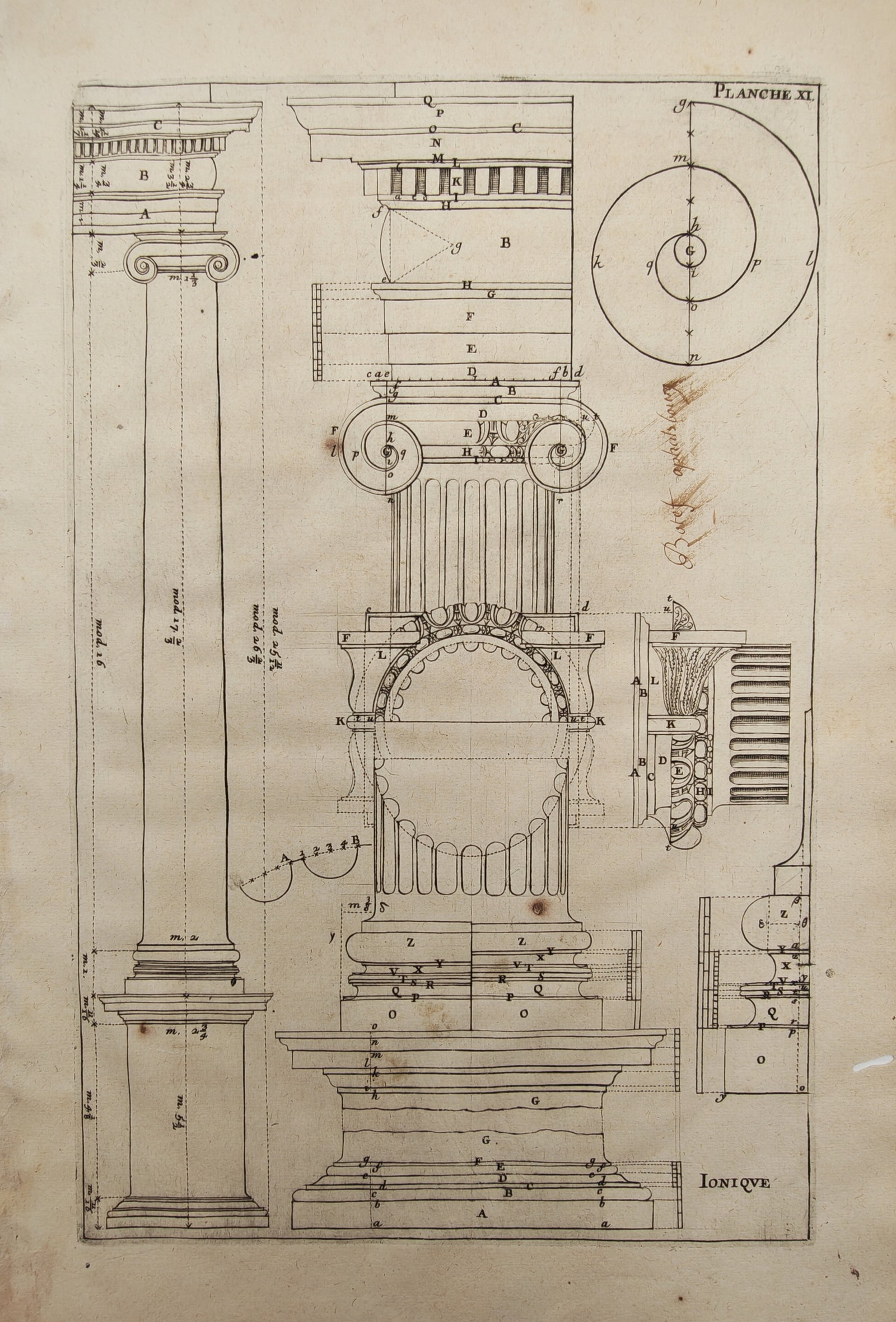 François Blondel – Architectural Study of the Ionic Order and Volute Geometry – Engraving (1 of 2)