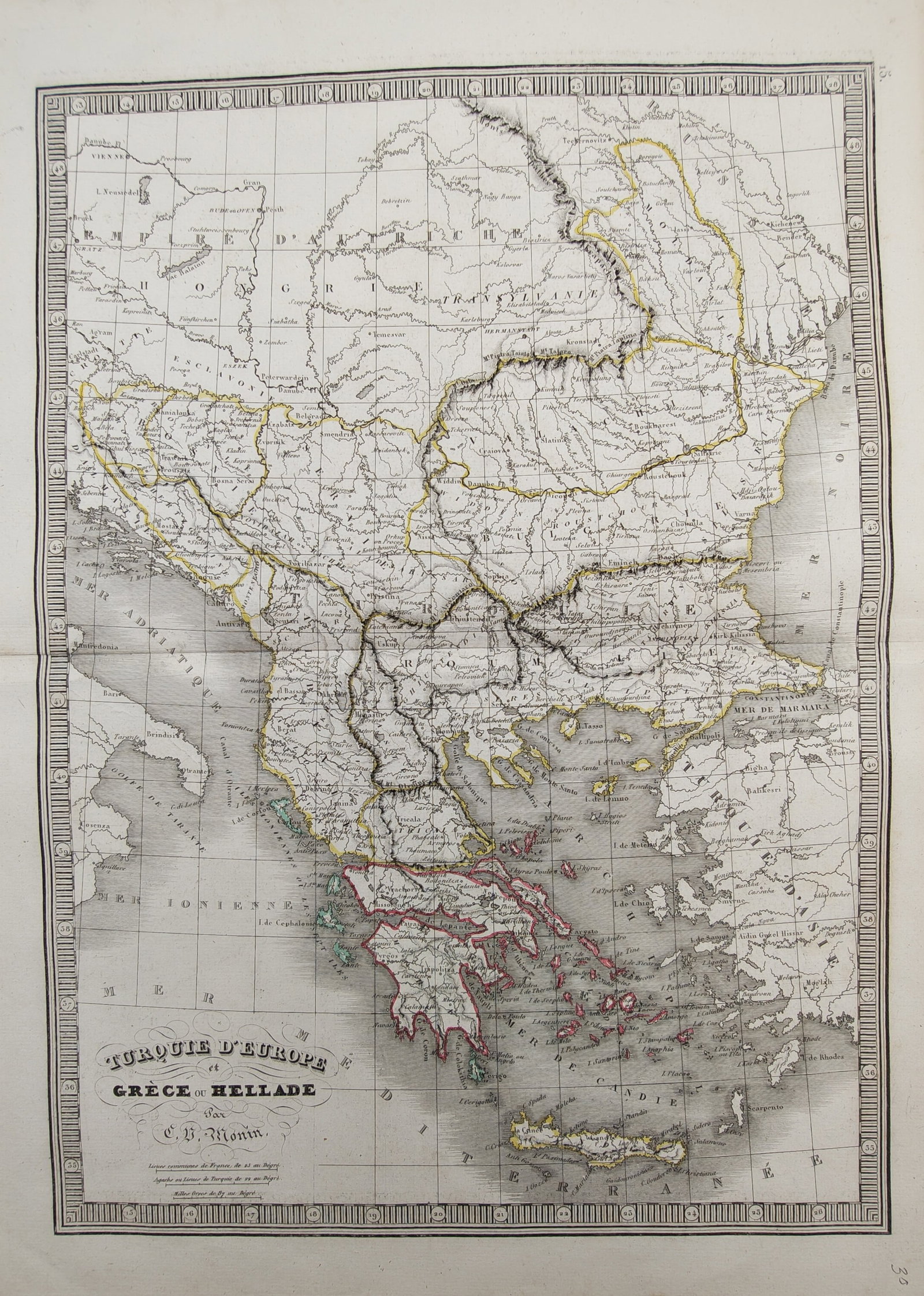 Charles V. Monin – Map of European Turkey and Greece – Balkans – Engraving (19th Century): "European Turkey and Greece or Hellas" presents an engraved cartographic survey delineating the regional borders, islands, coastlines, and mountain ranges of the Balkan Peninsula, the Aegean Sea, and 