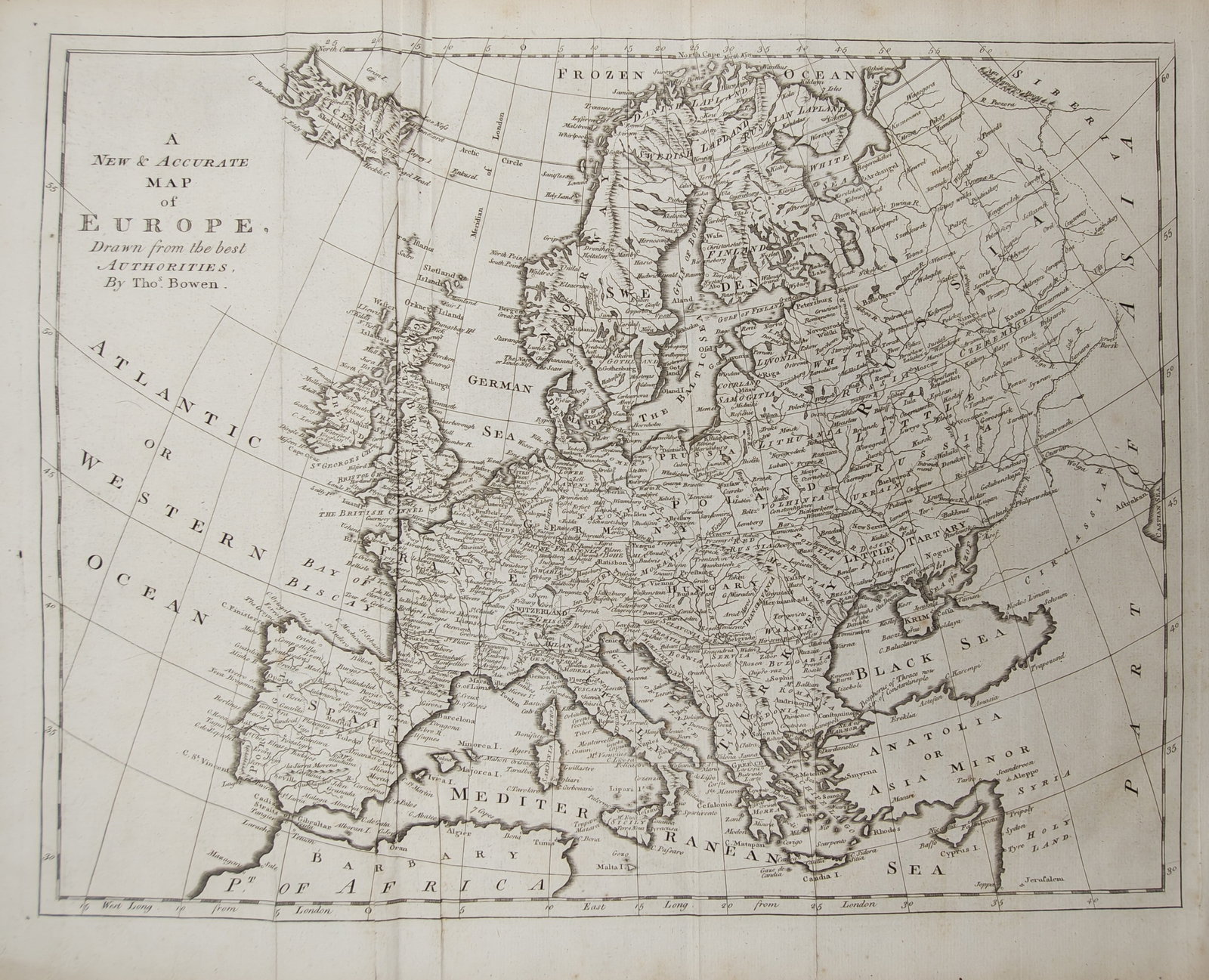 Thomas Bowen – Map of Europe Drawn from the Best Authorities – Europe – Engraving: "A New & Accurate Map of Europe" presents an eighteenth-century cartographic survey delineating the sovereign kingdoms, provinces, principal river systems, mountain chains, and coastal waters across t