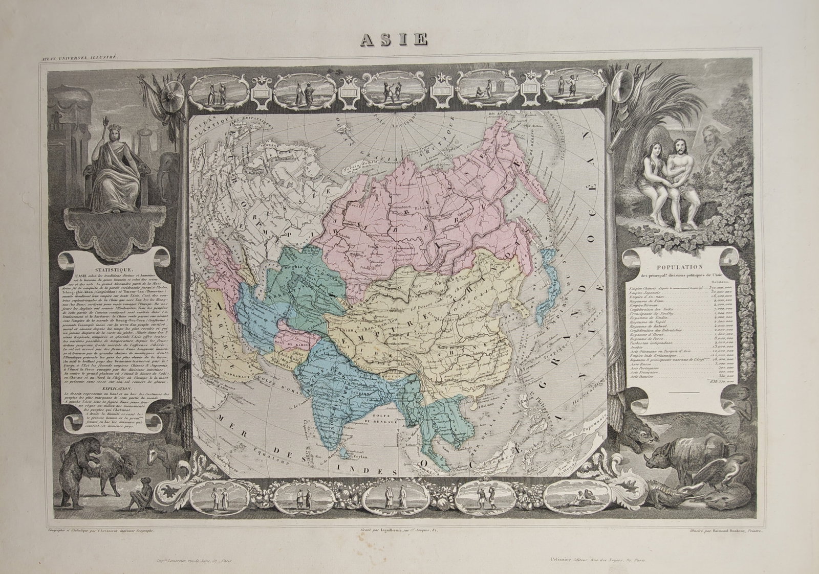 Victor Levasseur – Map of Asia with Decorative Vignettes and Statistical Tables – Asia –: "Asia" presents an engraved continental map delineating the empires, kingdoms, and regions of Asia with original hand-colored territorial boundaries framed by ornate decorative borders, biblical and h