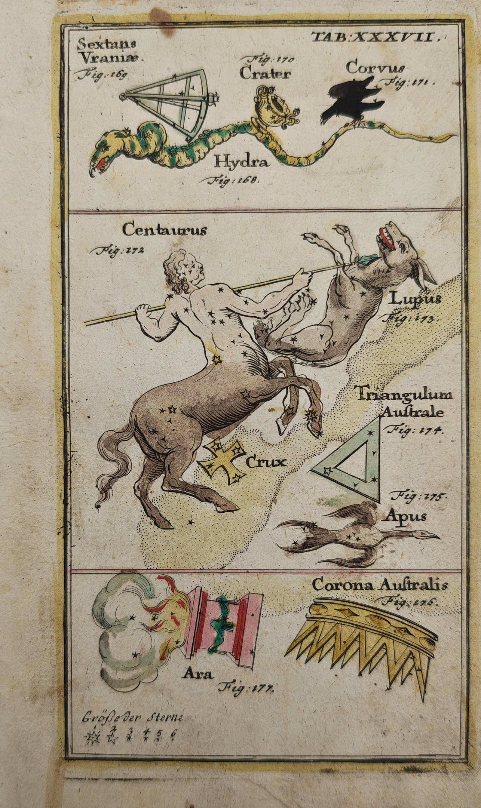Johann Leonhard Rost – Astronomical Chart of Southern Constellations with Centaurus and Crux: "Southern Constellations" presents a hand-colored astronomical plate illustrating various southern celestial figures including Centaurus, Lupus, Crux, Hydra, and Corona Australis with their respective