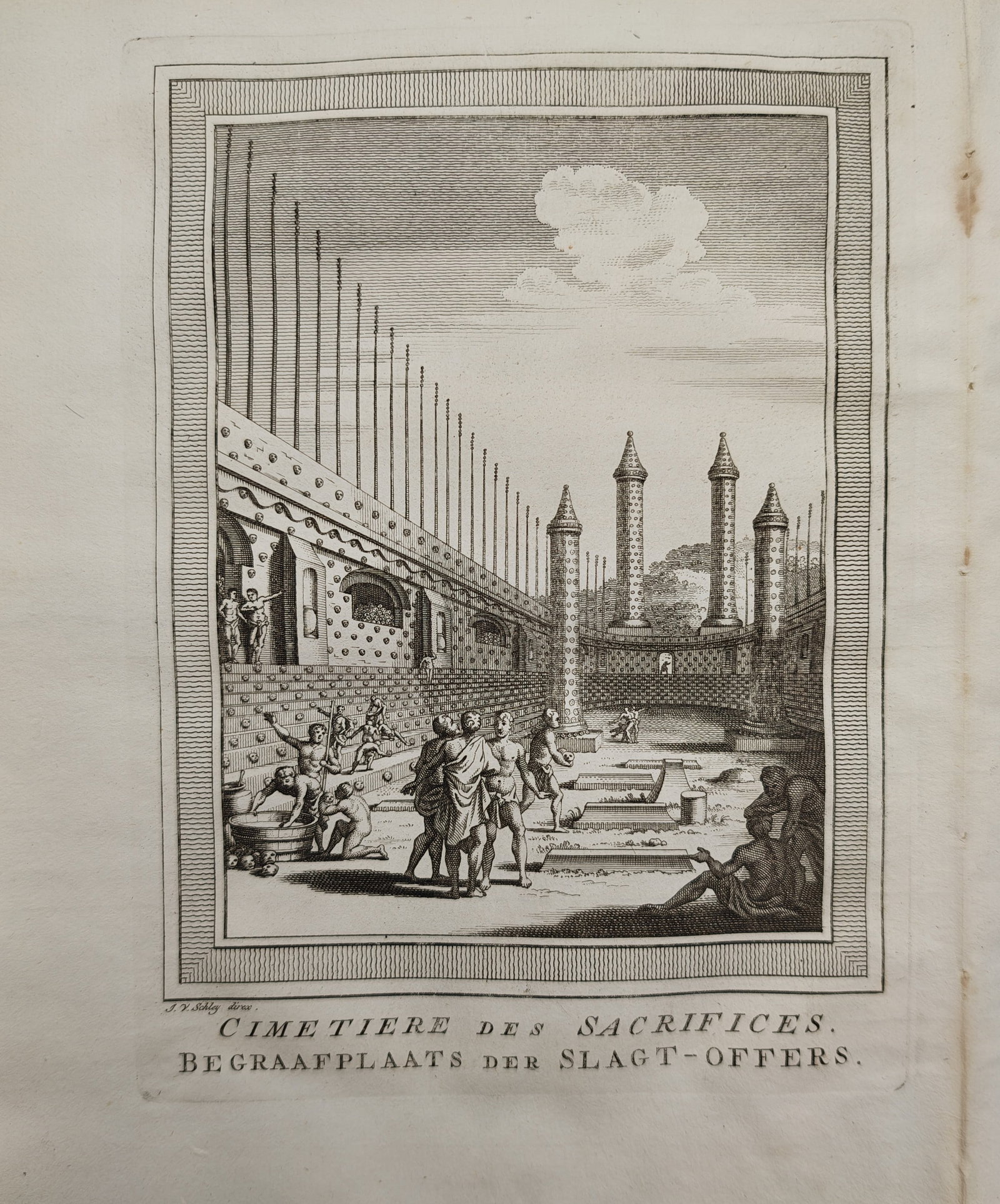 Jacob van der Schley – Cemetery of the Sacrificial Victims – Engraving (18th Century): "Cemetery of Sacrifices" presents an eighteenth-century ethnographic and historical view depicting an enclosed ceremonial courtyard with towering columns, patterned perimeter walls, and figures gather