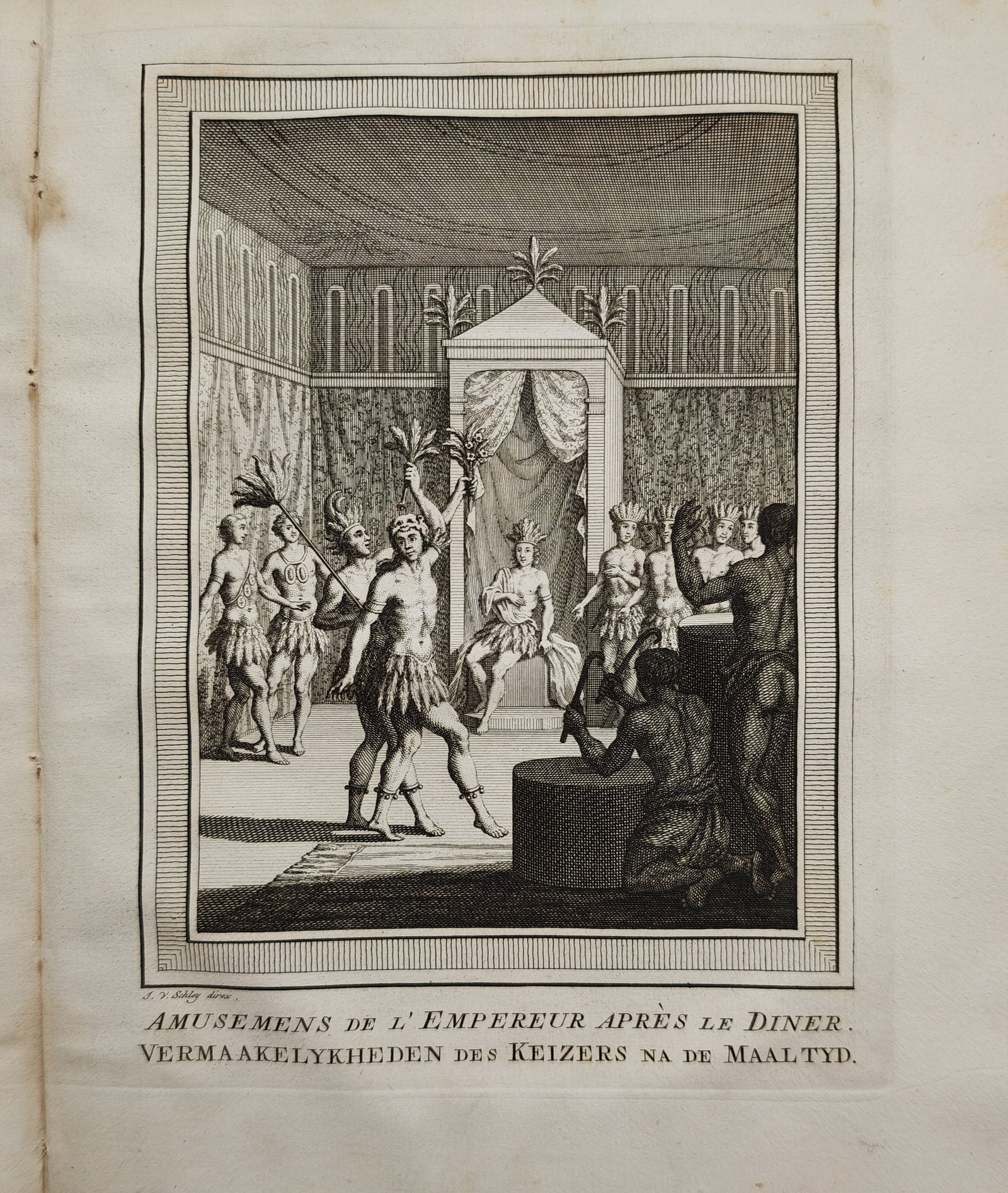 Jacob van der Schley – Entertainments of the Emperor After Dinner – Engraving (18th Century) (1 of 2)