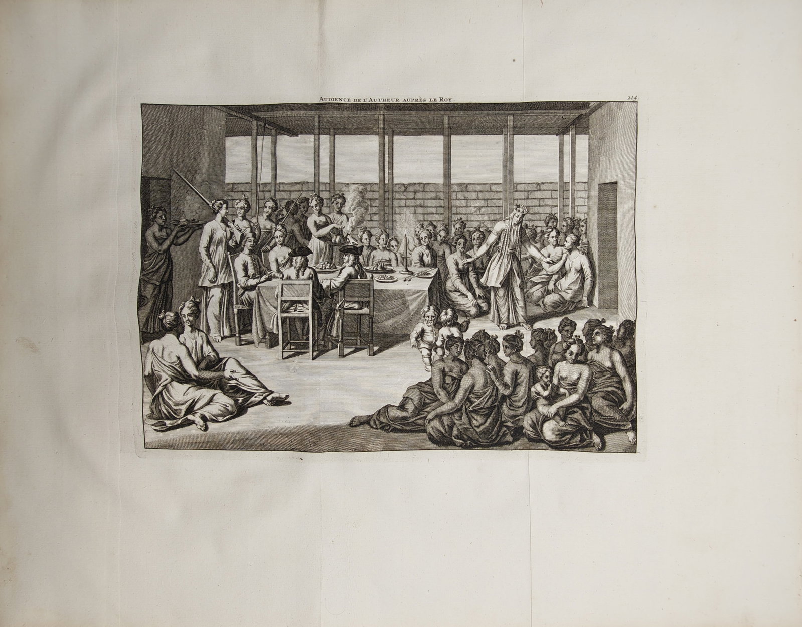 Cornelis de Bruijn – Audience of the Author with the King – Engraving (18th Century): "Audience of the Author with the King" presents an eighteenth-century ethnographic and historical view depicting a formal banquet and diplomatic reception inside a spacious hall with seated court memb
