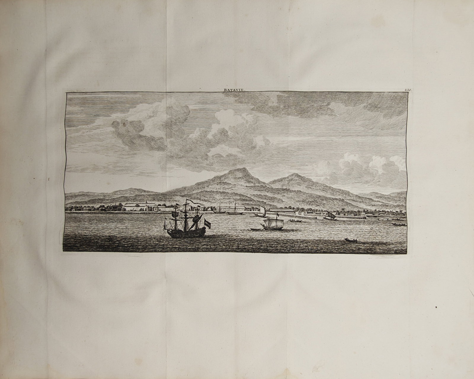 Cornelis de Bruijn – Coastal Landscape and Harbor View of Batavia with Sailing Ships – Engraving (1 of 2)