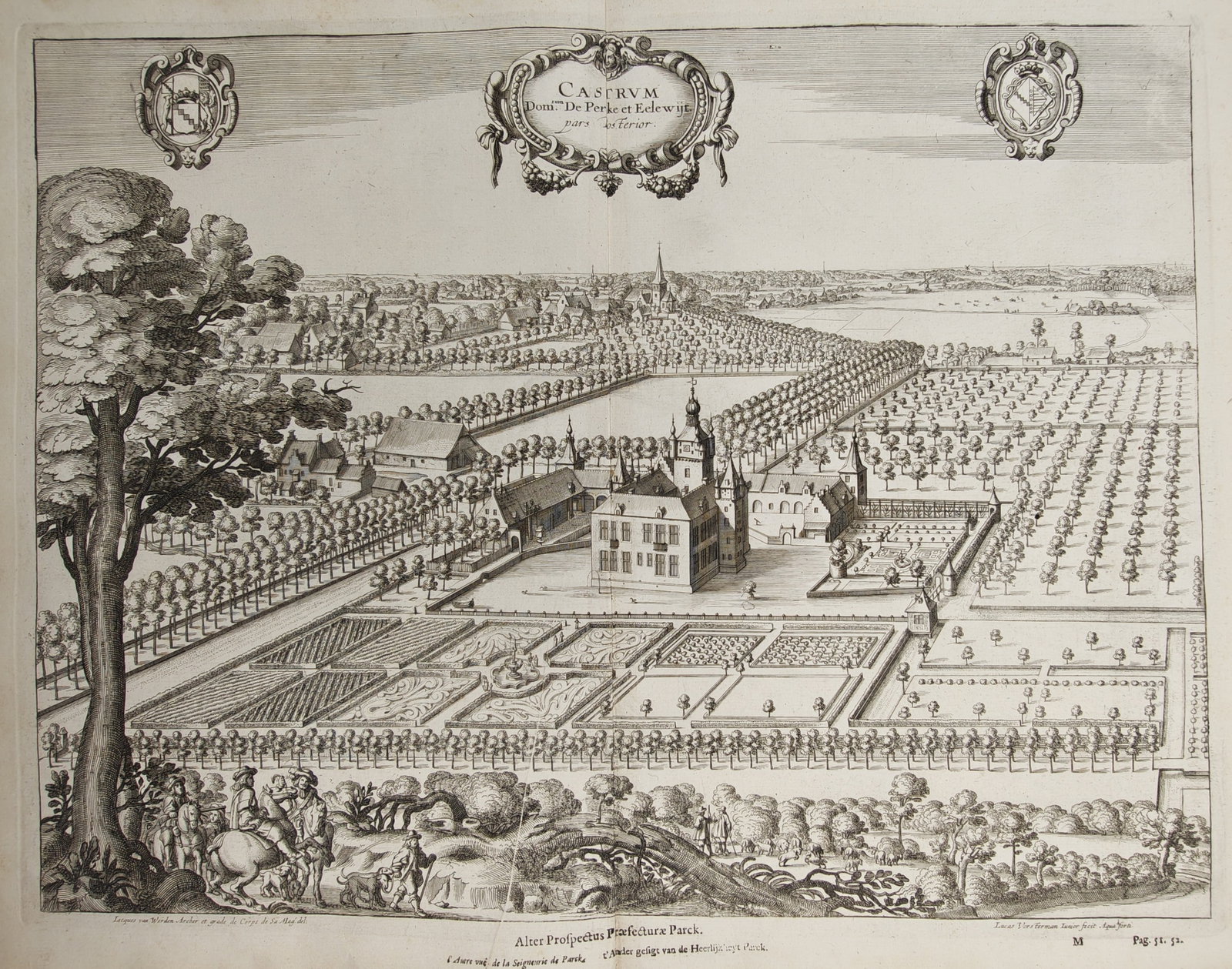 Jacobus Le Roy – Bird's-Eye View of Perk Castle and Estate in Elewijt – Engraving (17th Century): "Castle of the Lordship of Perk and Elewijt" presents a seventeenth-century bird's-eye topographical view illustrating the moated manor house, formal geometric gardens, extensive orchards, and surroun