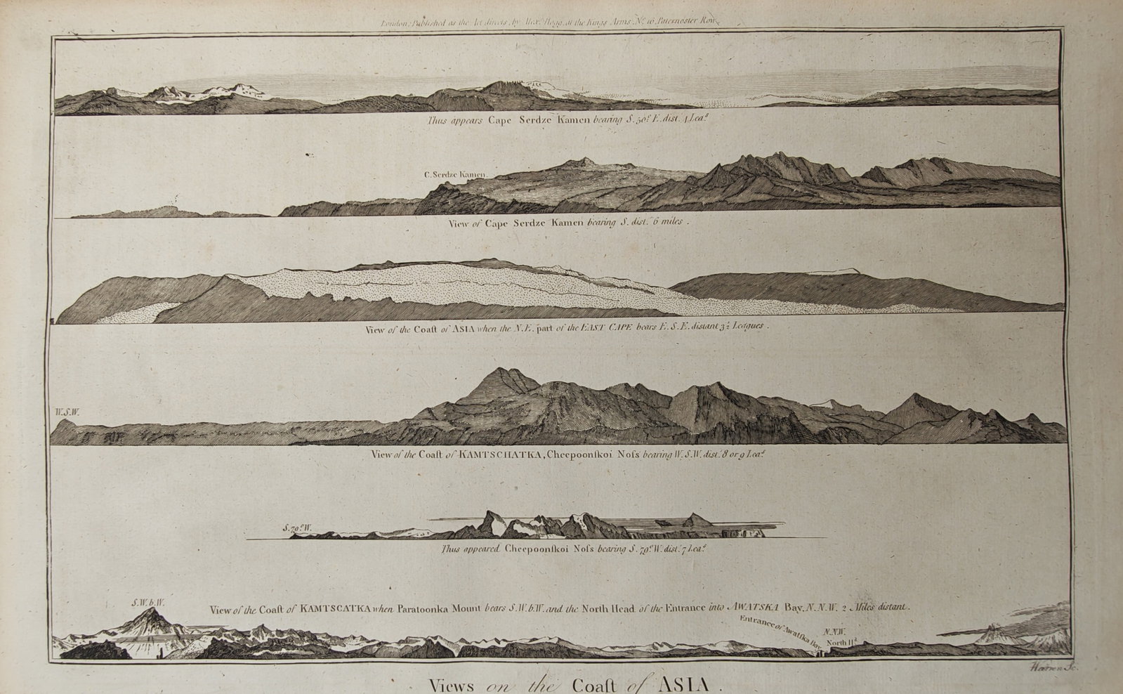 Alexander Hogg – Coastal Profiles and Mountain Views of the Coast of Asia and Kamchatka: "Views on the Coast of Asia" presents an eighteenth-century engraved coastal profile study illustrating the mountainous coastlines, headlands, and navigational elevations of Kamchatka and Eastern Asia