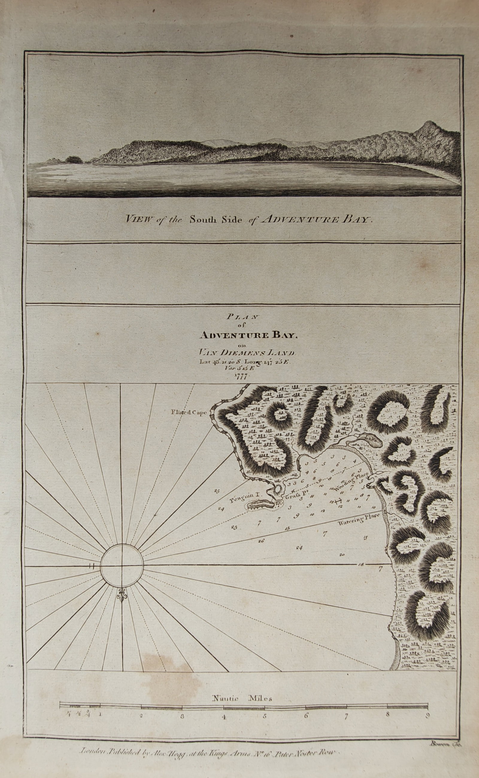 Alexander Hogg – Map of Adventure Bay in Van Diemen's Land with Coastal Profile – Engraving: "Plan of Adventure Bay on Van Diemen's Land" presents an eighteenth-century engraved hydrographic chart and coastal profile depicting navigational soundings, rhumb lines, anchorages, and surrounding r