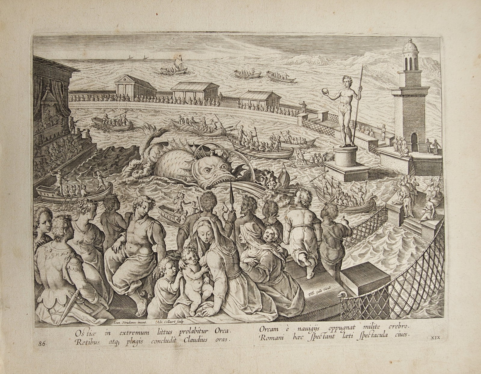 Philip Galle – Classical Harbor Scene with the Capture of a Sea Monster – Engraving (16th (1 of 2)