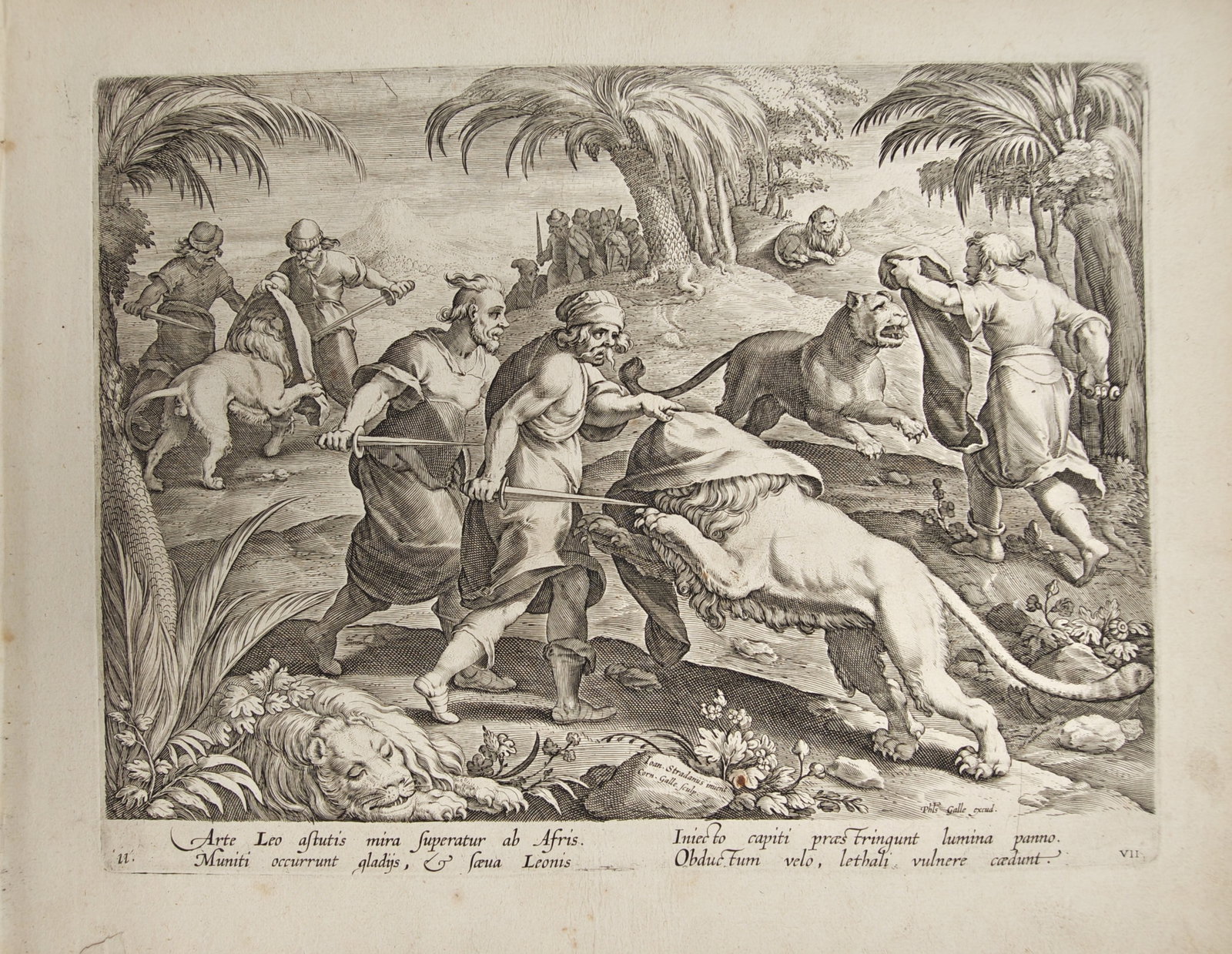 Philip Galle – Dramatic Scene of Hunters Subduing Lions with Cloths and Swords – Engraving (1 of 2)