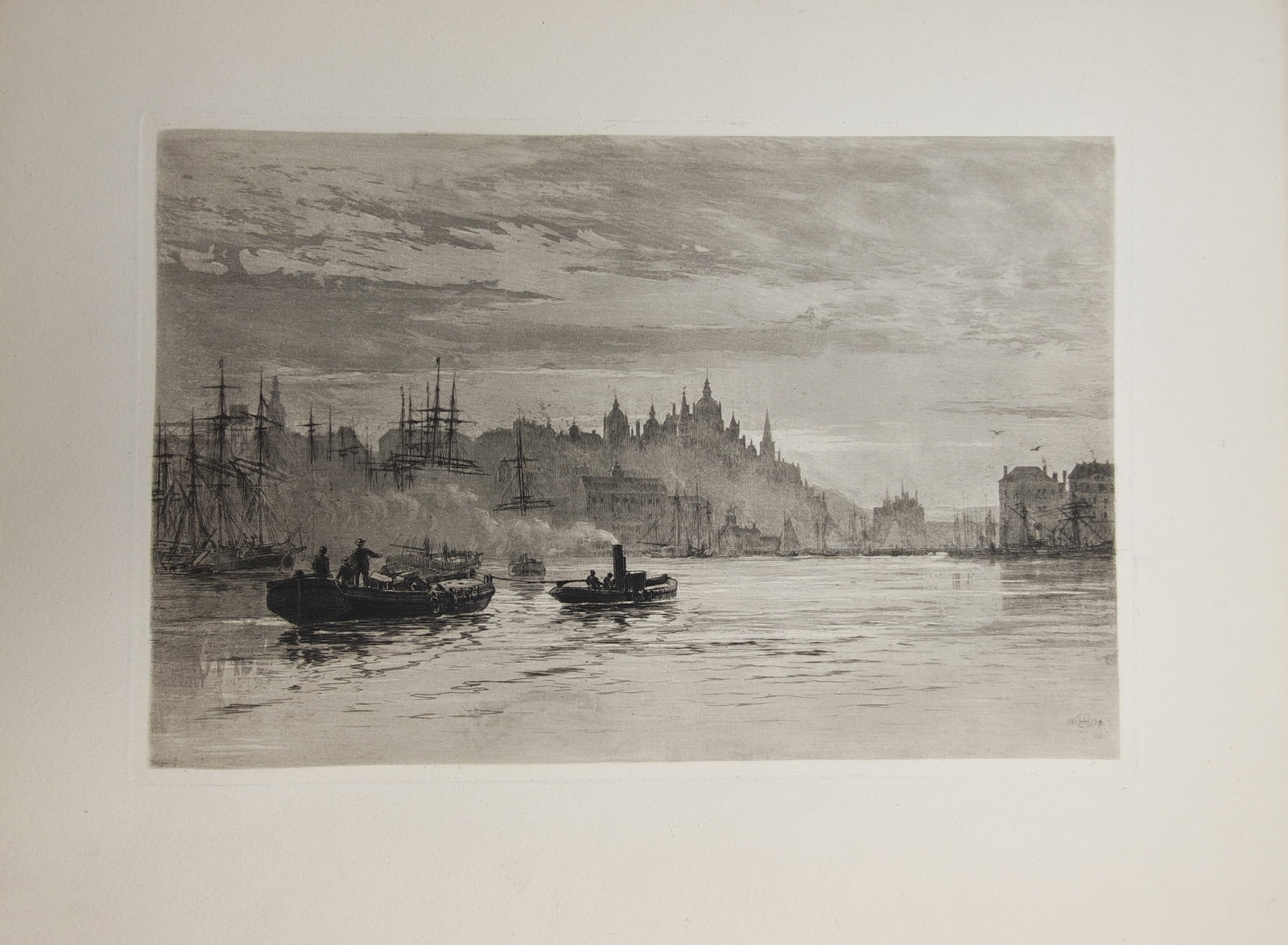 Axel Herman Haig – Atmospheric View of Stockholm Harbor with Tugboat and Distant Skyline (1 of 2)