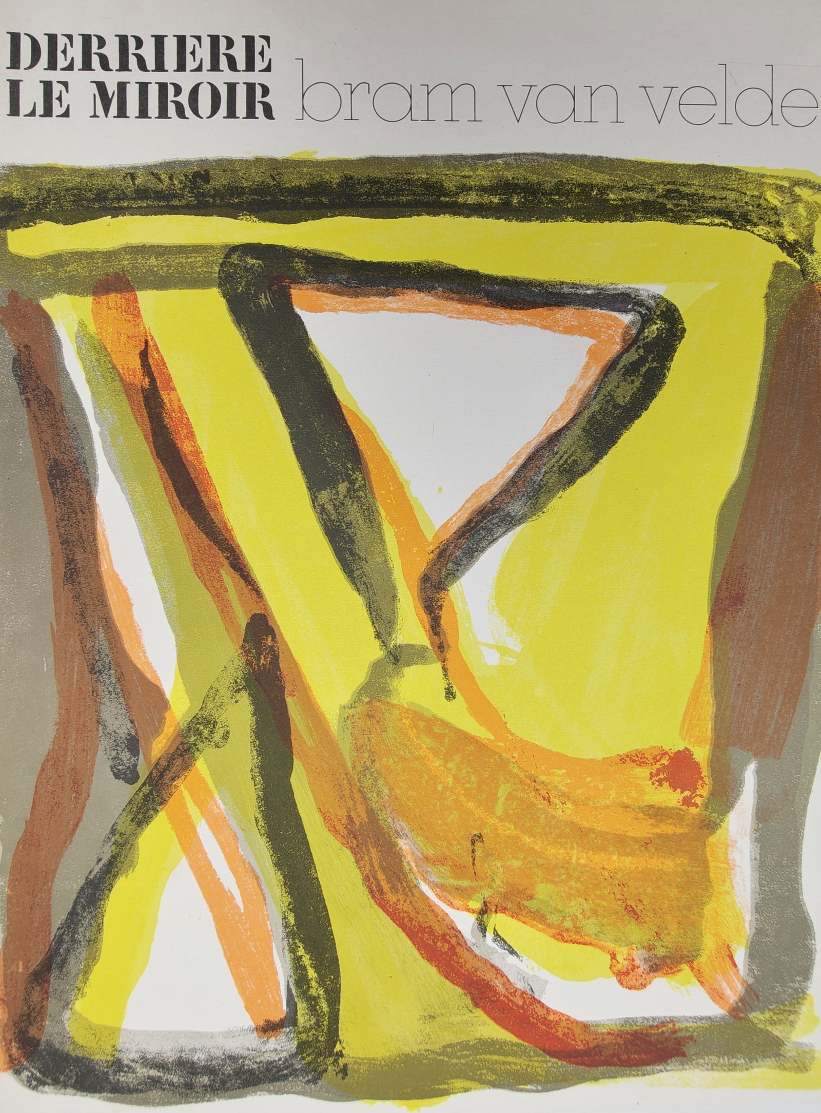 Bram van Velde,after – Abstract Expressionist Composition for Derrière le Miroir – Offset print: "Derrière le Miroir: Bram van Velde" presents a twentieth-century lyrical abstract composition defined by bold, sweeping gestures in yellow, orange, ochre, and dark calligraphic contours that interse