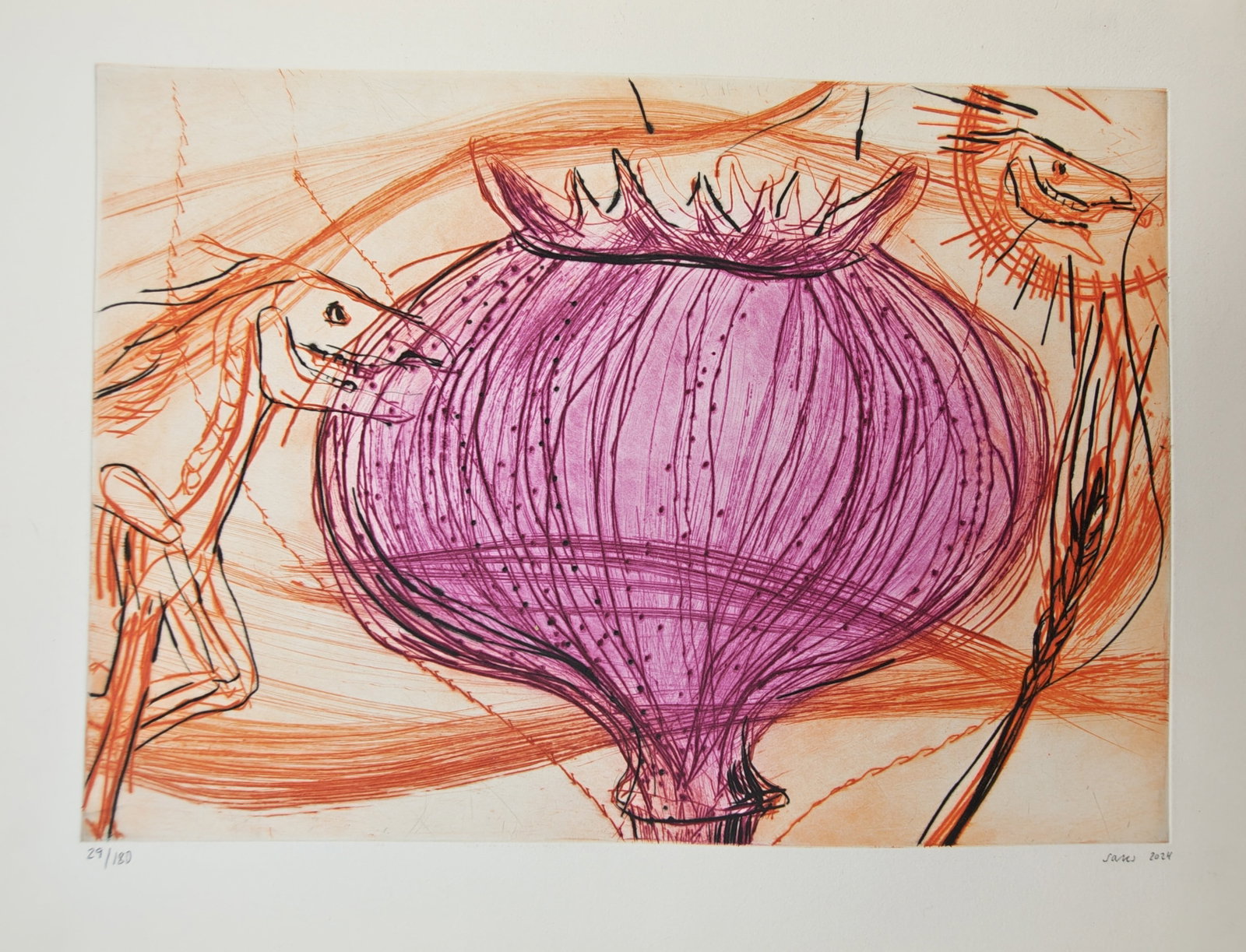Adam Saks – Contemporary Expressionist Composition with Poppy Seed Capsule – Offset print (1 of 2)