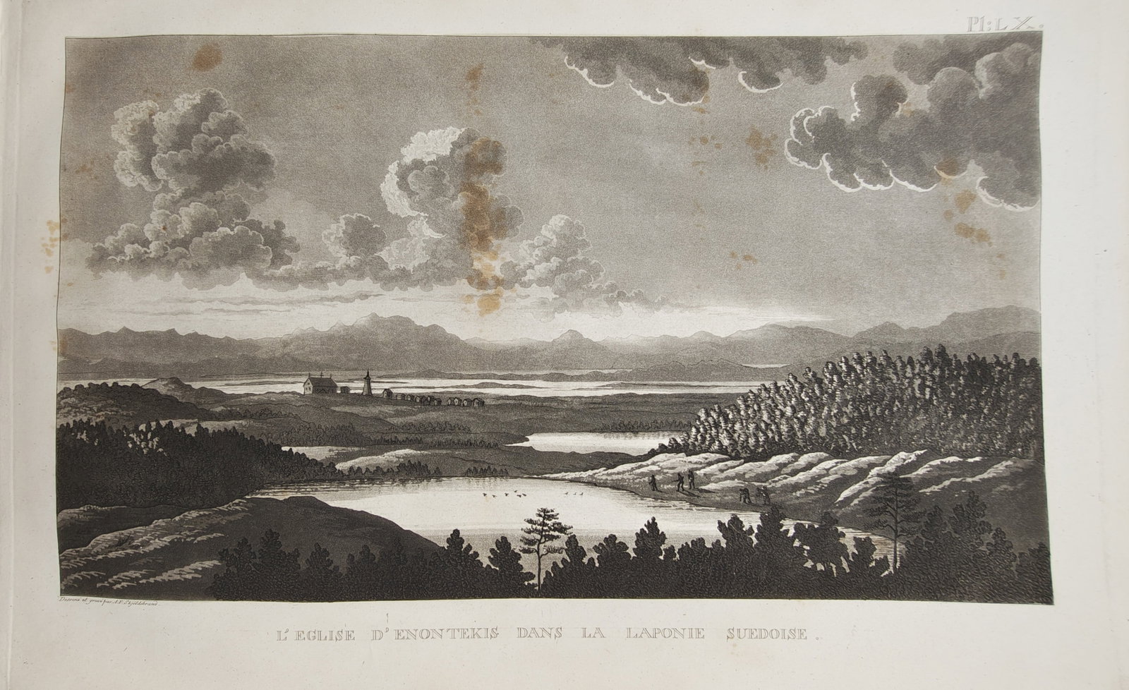 Anders Fredrik Skjöldebrand – Landscape View of the Church of Enontekis in Swedish Lapland: "L'Eglise d'Enontekis dans la Laponie Suédoise" presents a nineteenth-century northern landscape view illustrating the distant church and settlement of Enontekis set among winding lakes, rolling hill
