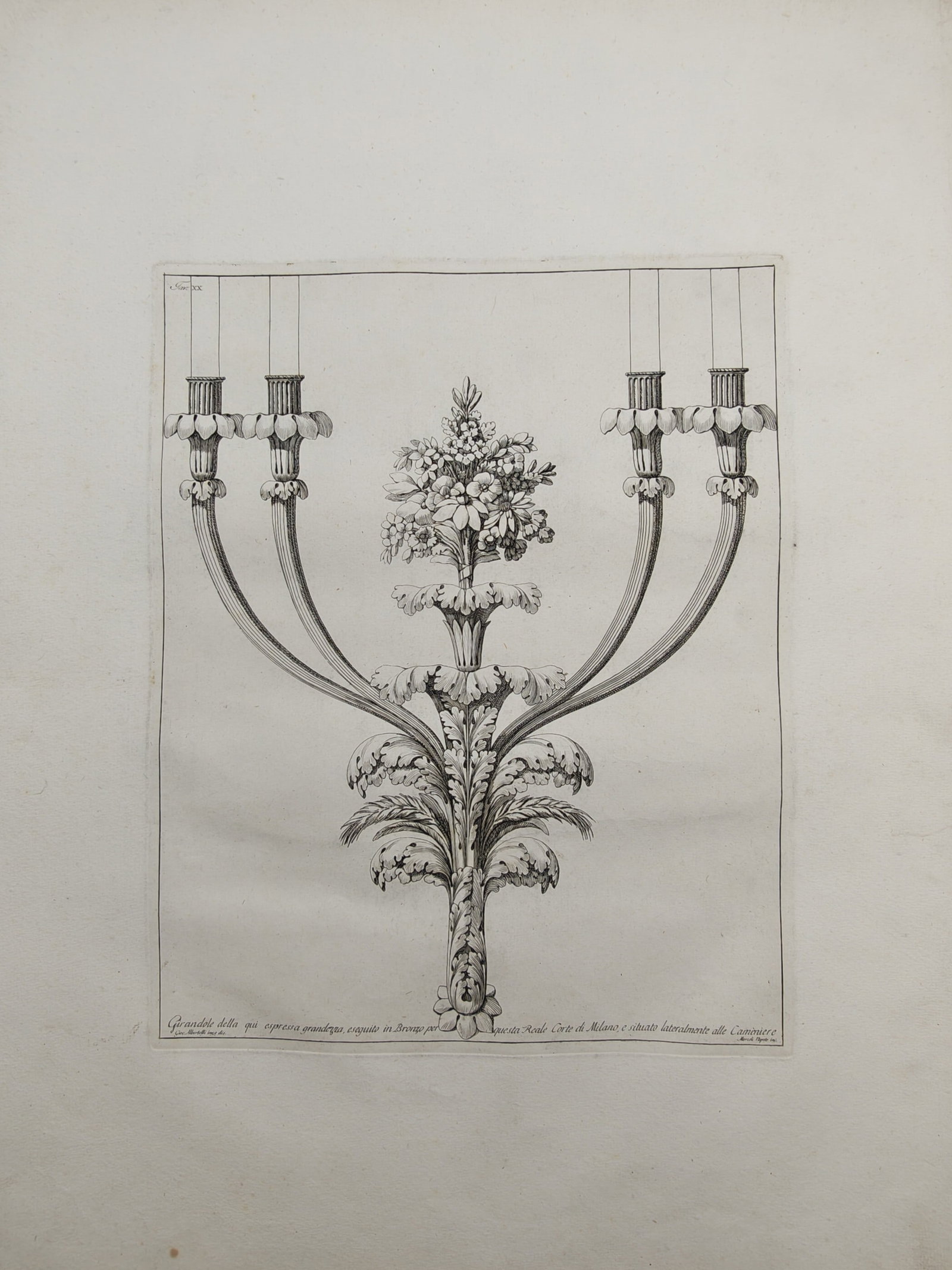 Giocondo Albertolli – Candelabrum Design – Engraving (1782): "Candelabrum Design" is an intricate architectural drawing showing an ornate multi-armed candlestick adorned with acanthus leaves and central floral motifs. This engraving serves as a historical docum
