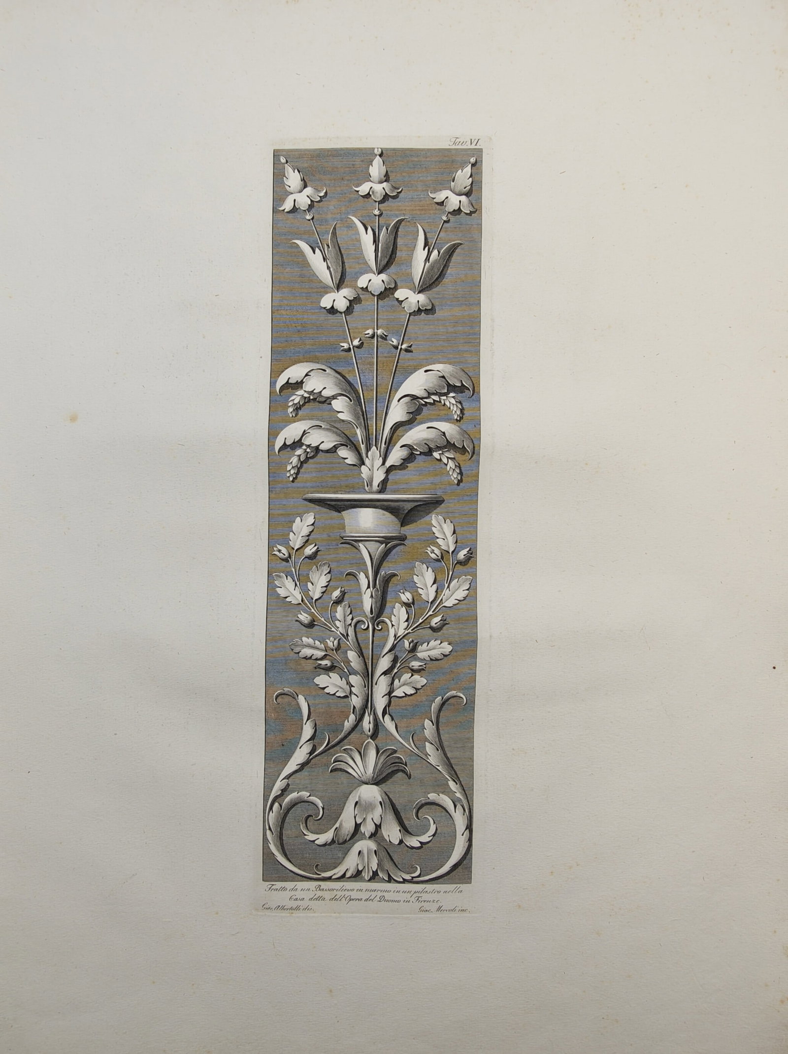 Giocondo Albertolli – Classical Ornament Design – Engraving (1782): "Classical Ornament Design" represents a sophisticated decorative panel filled with balanced Neoclassical scrollwork, stylized foliage, and botanical elements against a shaded background. This engravi