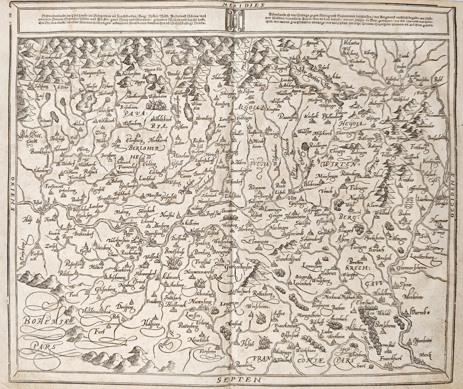 Sebastian Münster – Map of Bavaria and Swabia – Germany – Woodcut (16th Century): "Bavaria Ducatus" This historical woodcut map charts the southern territories of Germany, showing the course of the Danube and Inn rivers alongside extensive forests, mountain chains, and fortified to