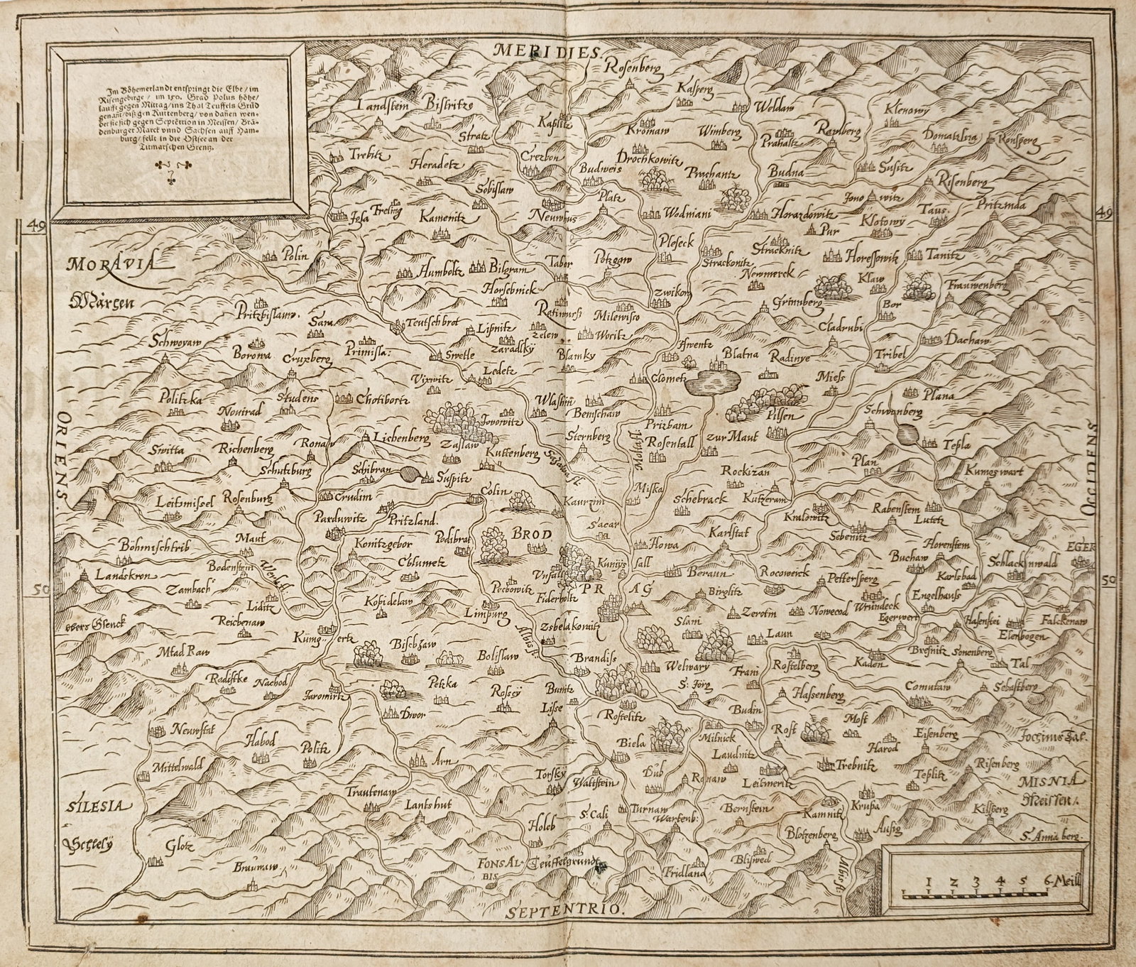 Sebastian Münster – Map of Bohemia – Germany – Woodcut (16th Century): "Bohemia" This historical woodcut map presents the kingdom of Bohemia, detailing its landscape bordered by dense mountain ranges, major river networks, and numerous fortified cities and castles. The c