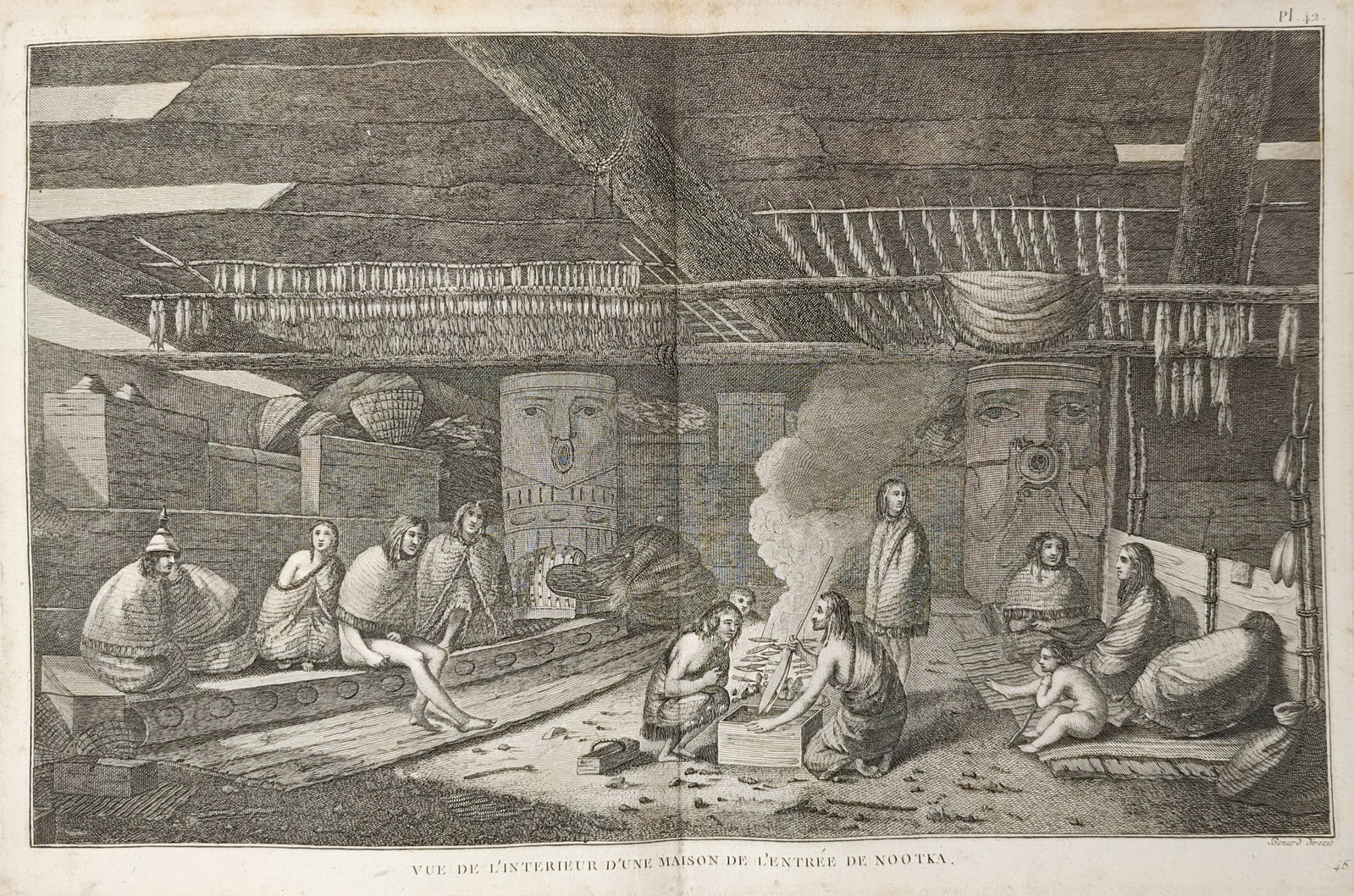 John Webber – Interior of a House in Nootka Sound – Canada – Engraving (18th Century): "Vue de l'Interieur d'une Maison de l'Entree de Nootka" This historical print presents a large ethnographic scene depicting the everyday indoor life of Indigenous people inside a traditional wooden pl