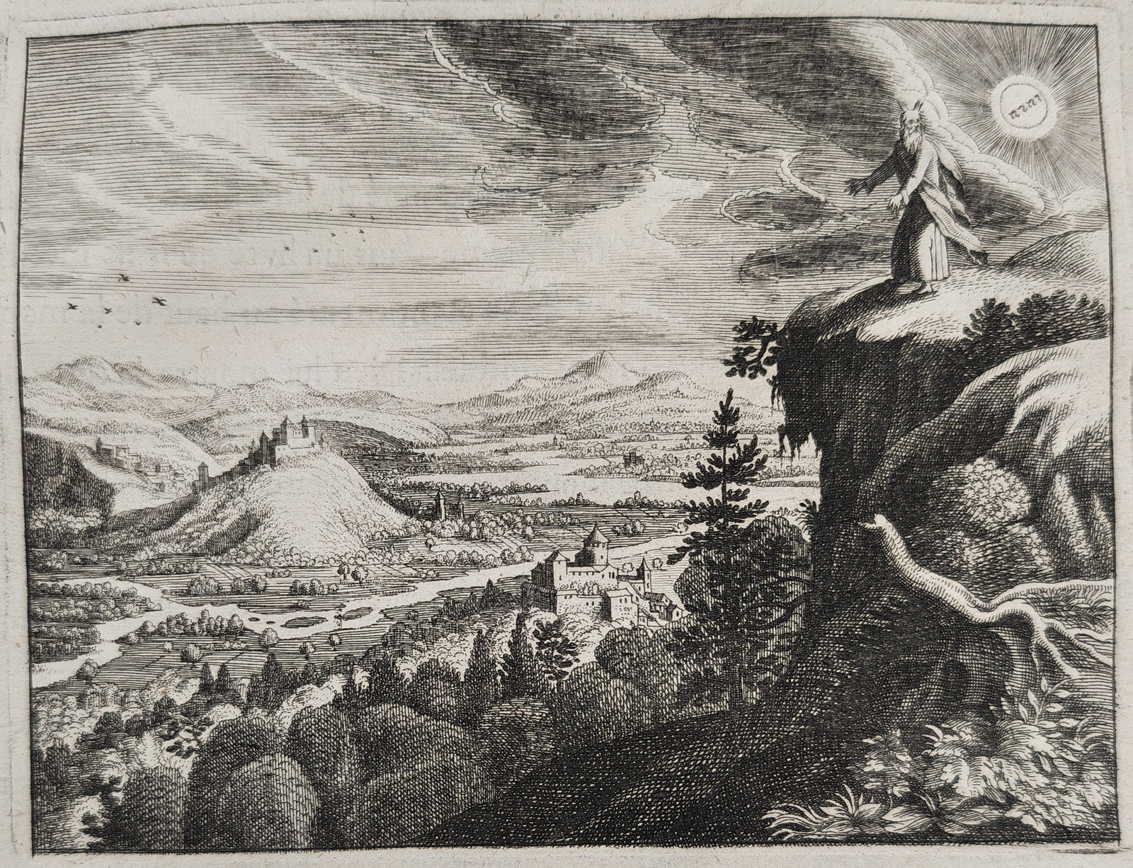 Nicolas Fontaine – The Death of Moses – Engraving (17th Century): "Mort de Moyse" This biblical print features a text-integrated scene illustrating a figure standing atop a high mountain cliff overlooking an expansive landscape of rolling hills, rivers, and distant 