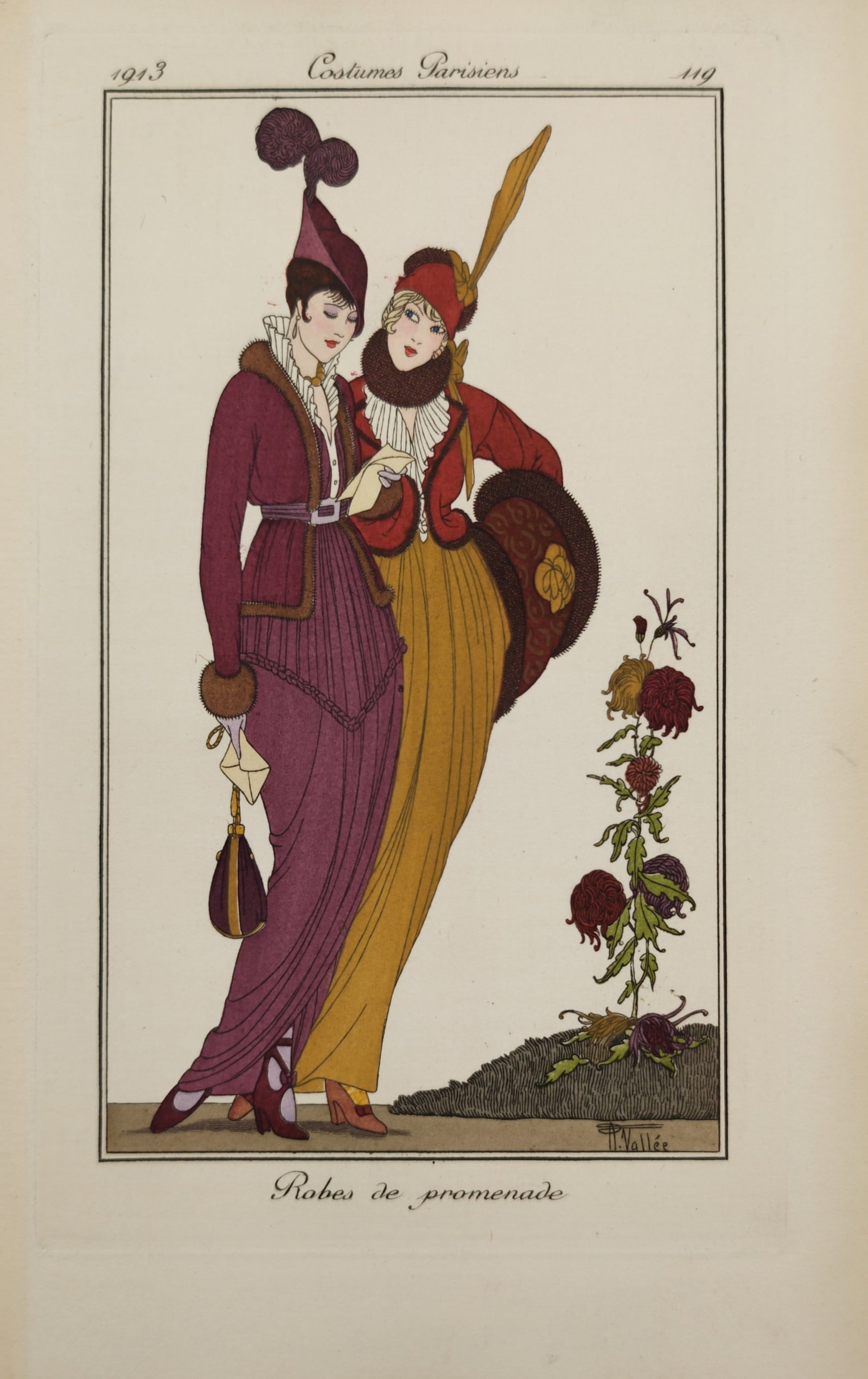 Armand Vallee – Walking Dresses – Pochoir Print (1913): "Robes de Promenade" This fashion print presents two women standing together out of doors beside a tall flowering plant stem while showcasing elegant winter walking costumes composed of draped long sk