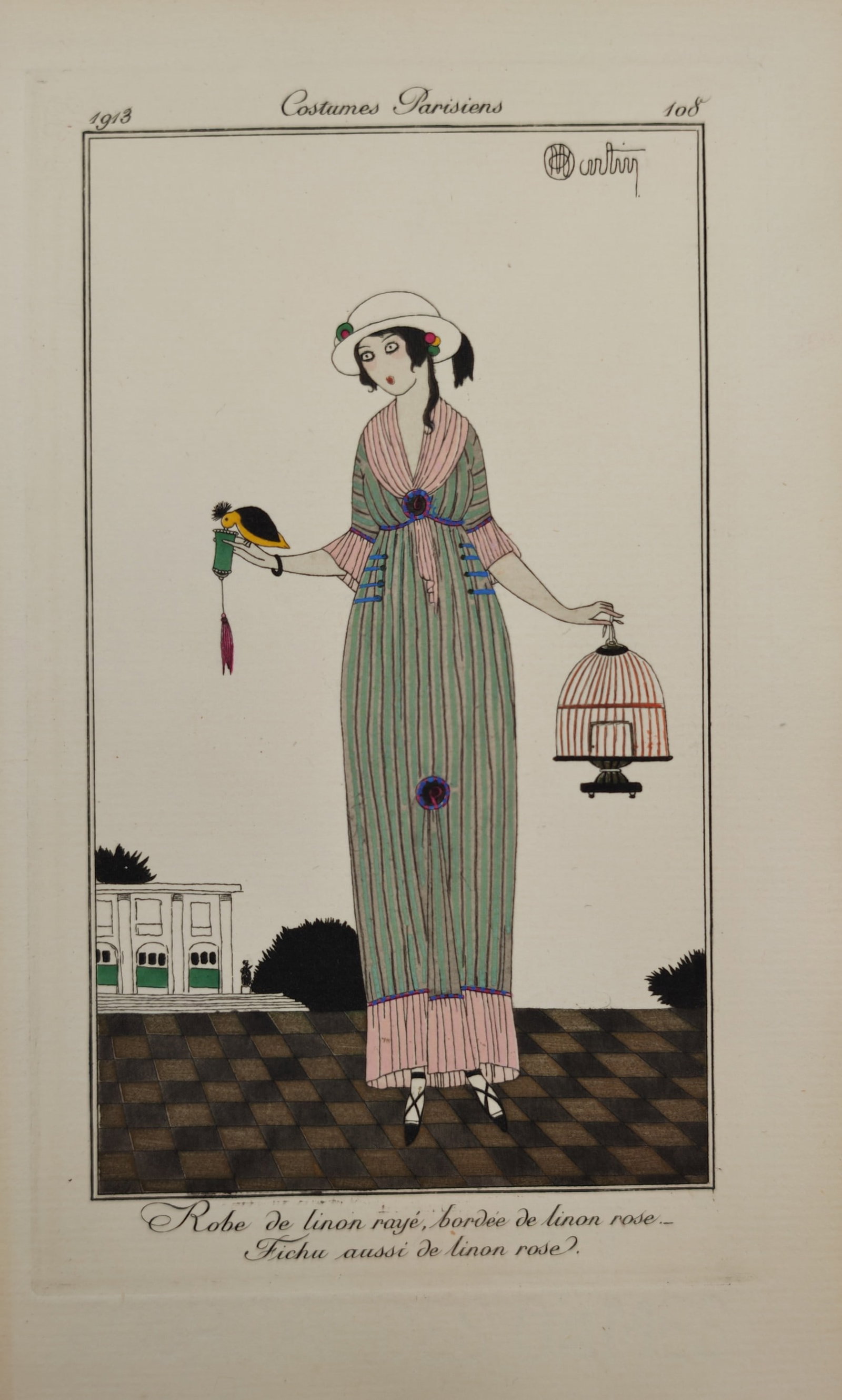 Charles Martin – Gown of Striped Linen – Pochoir Print (1913): "Robe de Linon Raye, Bordee de Linon Rose - Fichu Aussi de Linon Rose" This fashion plate depicts a woman standing on a checkered garden terrace while holding an open birdcage and a small colorful bir