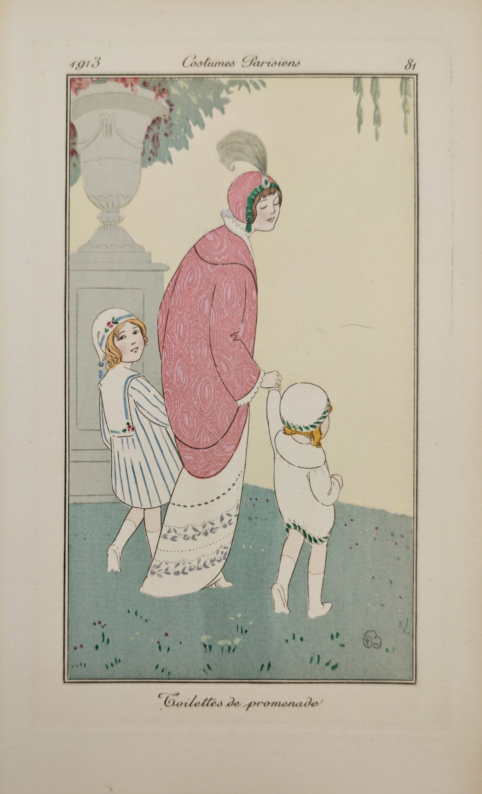 Madeleine Franc-Nohain – Promenade Outfits – Pochoir Print (1913): "Toilettes de Promenade" This fashion plate illustrates a woman walking outdoors in a park landscape while accompanied by two small children near a stone garden urn monument, showcasing a patterned pi