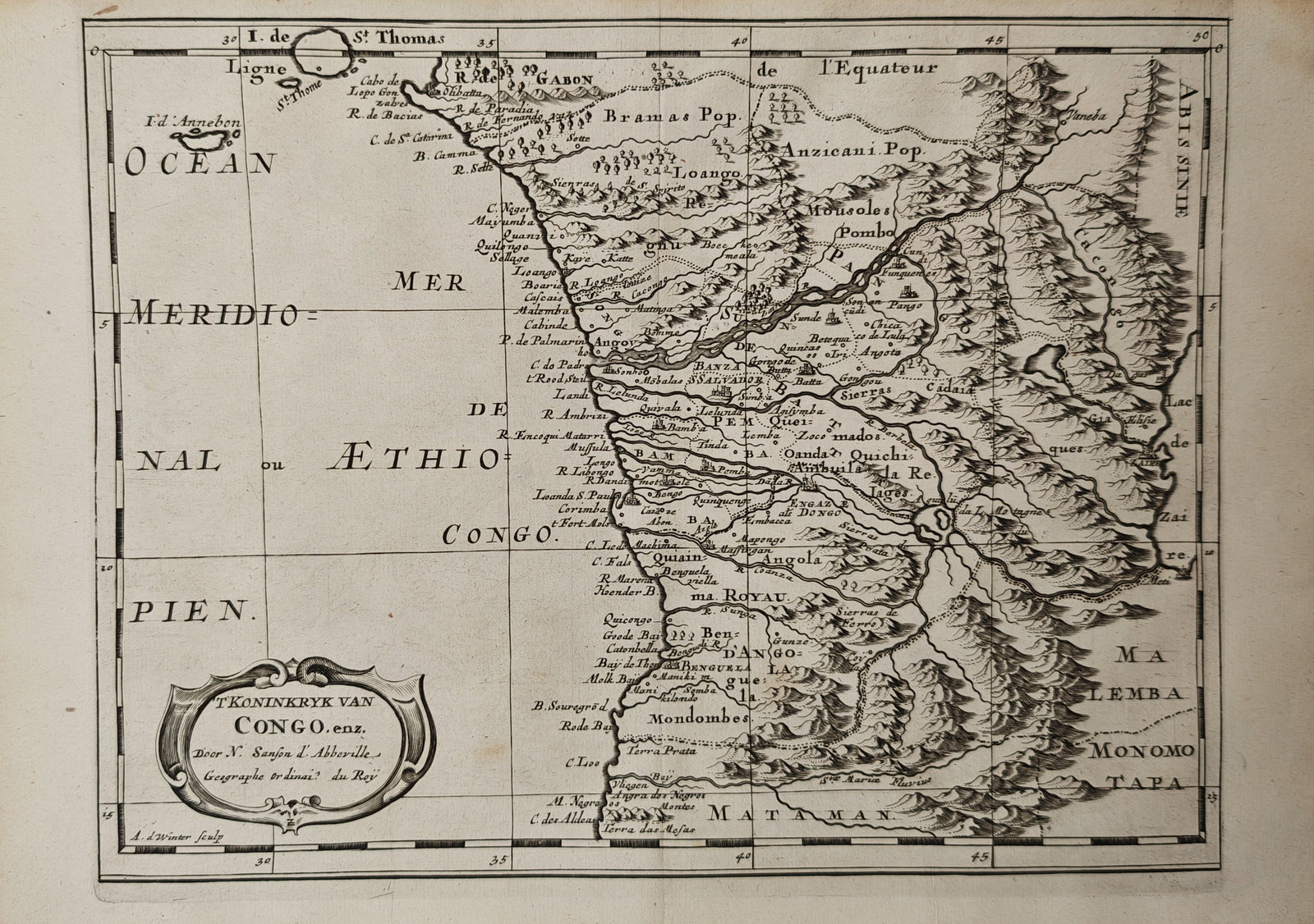 Nicolas Sanson – Map of the Kingdom of Congo – Central Africa – Engraving (17th Century): "T Koninckryck van Congo enz." This historical map delineates the kingdom of Congo and adjacent territories along the west-central coast of Africa, documenting the region's major river basins, mountai