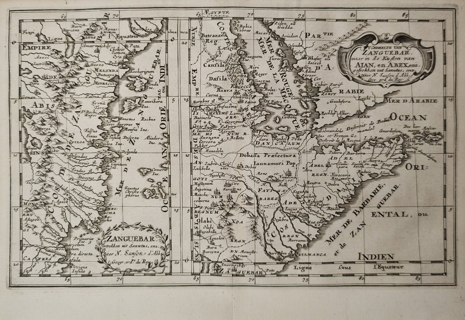 Nicolas Sanson – Map of the Coast of Zanguebar – East Africa – Engraving (17th Century): "T Gedeelte van Zanguebar" This historical map details the eastern coastline of Africa along the Indian Ocean, charting the regional maritime networks, major islands, coastal settlements, and mountain