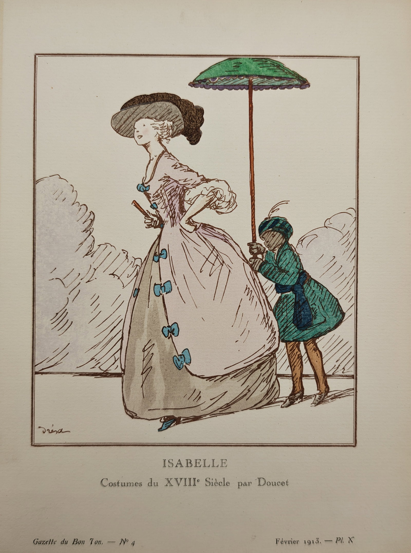 Jacques Dresa – Eighteenth Century Costumes by Doucet – Pochoir Print (1913): "Isabelle" This fashion print presents a full-length portrait of a woman walking outdoors in profile wearing a wide-brimmed feathered hat and an elaborate historical gown adorned with blue bows, while