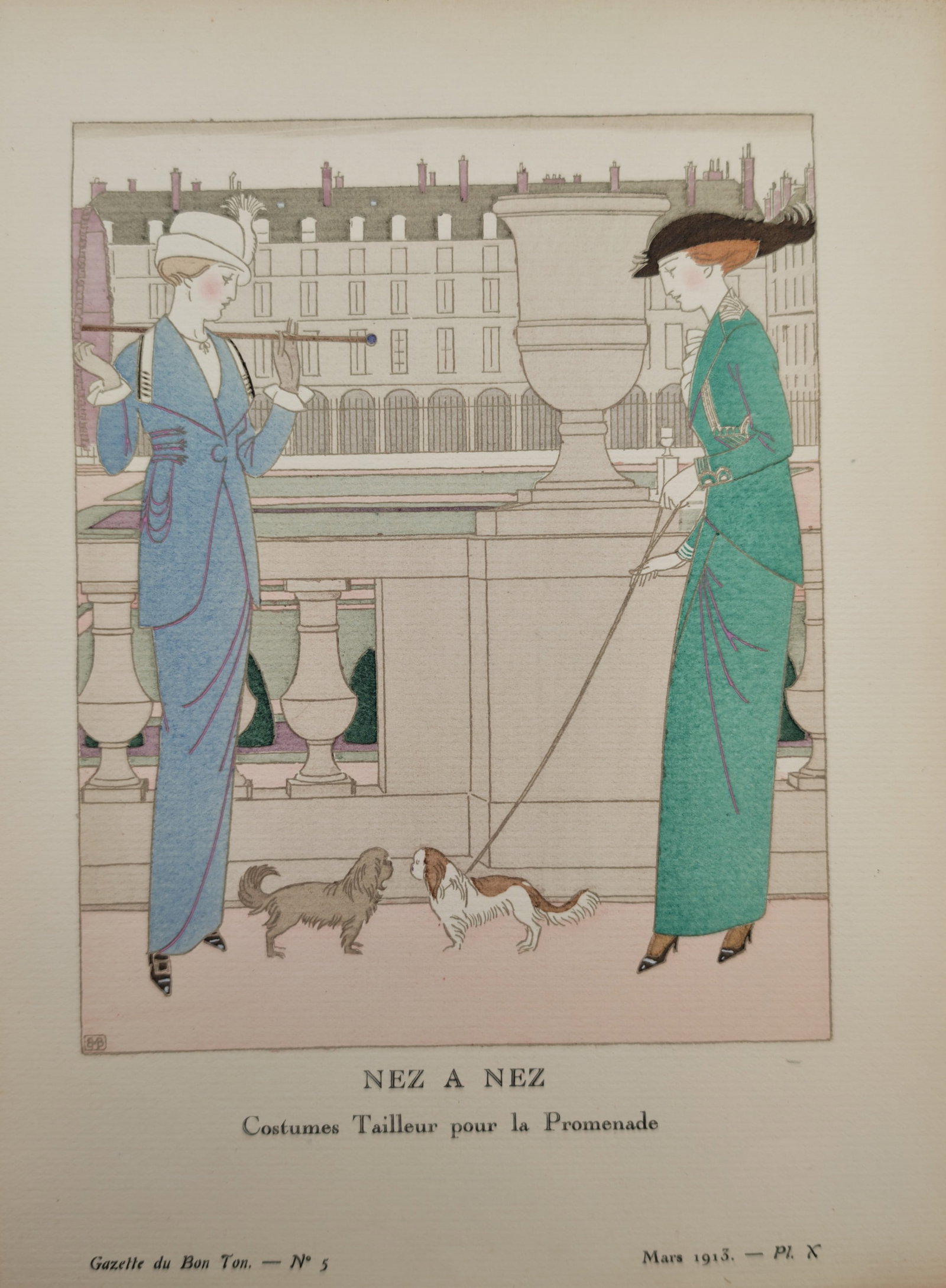 Bernard Boutet de Monvel – Tailored Walking Costumes – Pochoir Print (1913): "Nez a Nez" This fashion print illustrates two elegantly dressed women encountering one another while walking their small dogs on an outdoor terrace adorned with a large stone urn and architectural ba