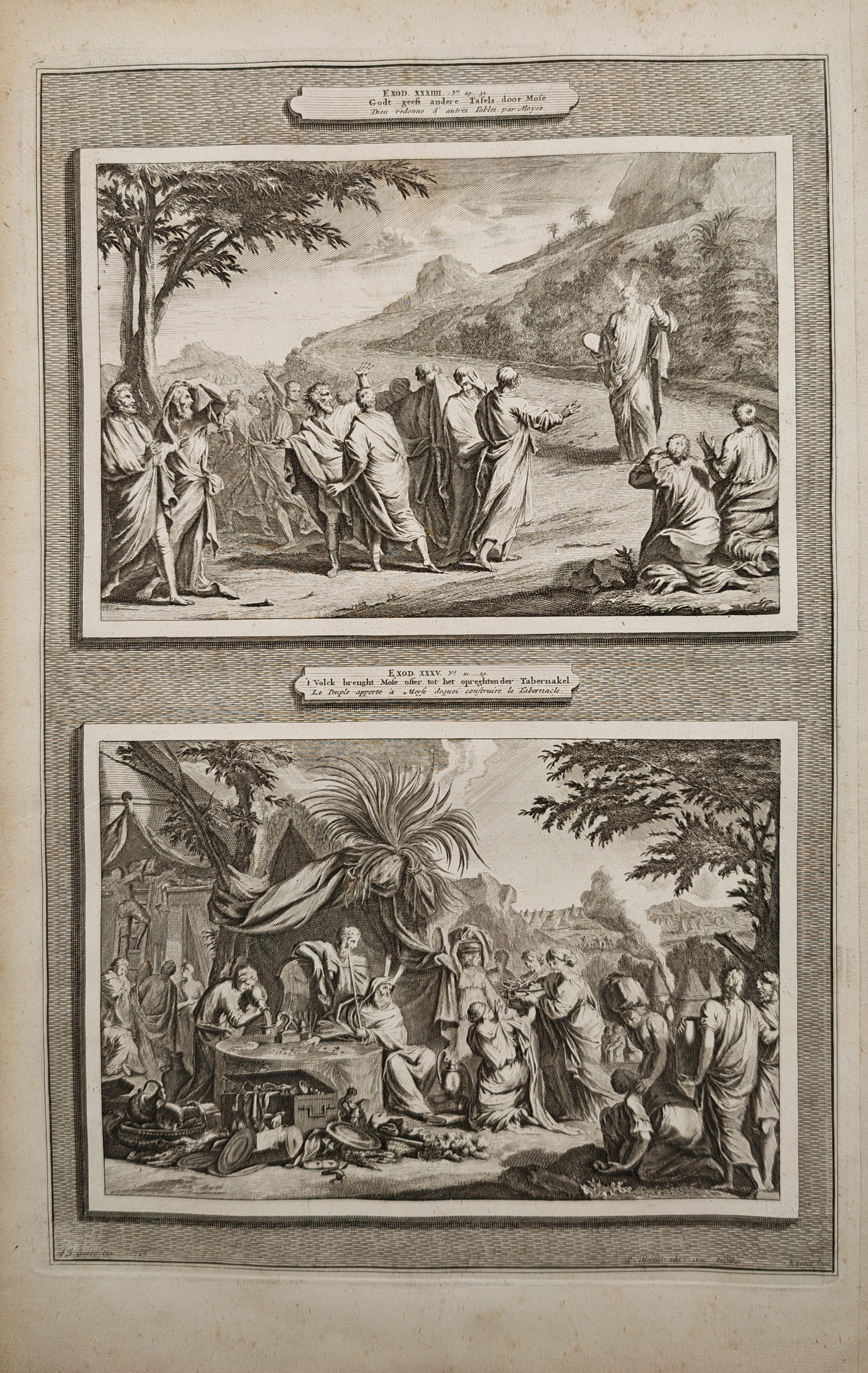 Pierre Mortier – Moses on Mount Sinai and the Worship of the Golden Calf – Engraving (1 of 2)