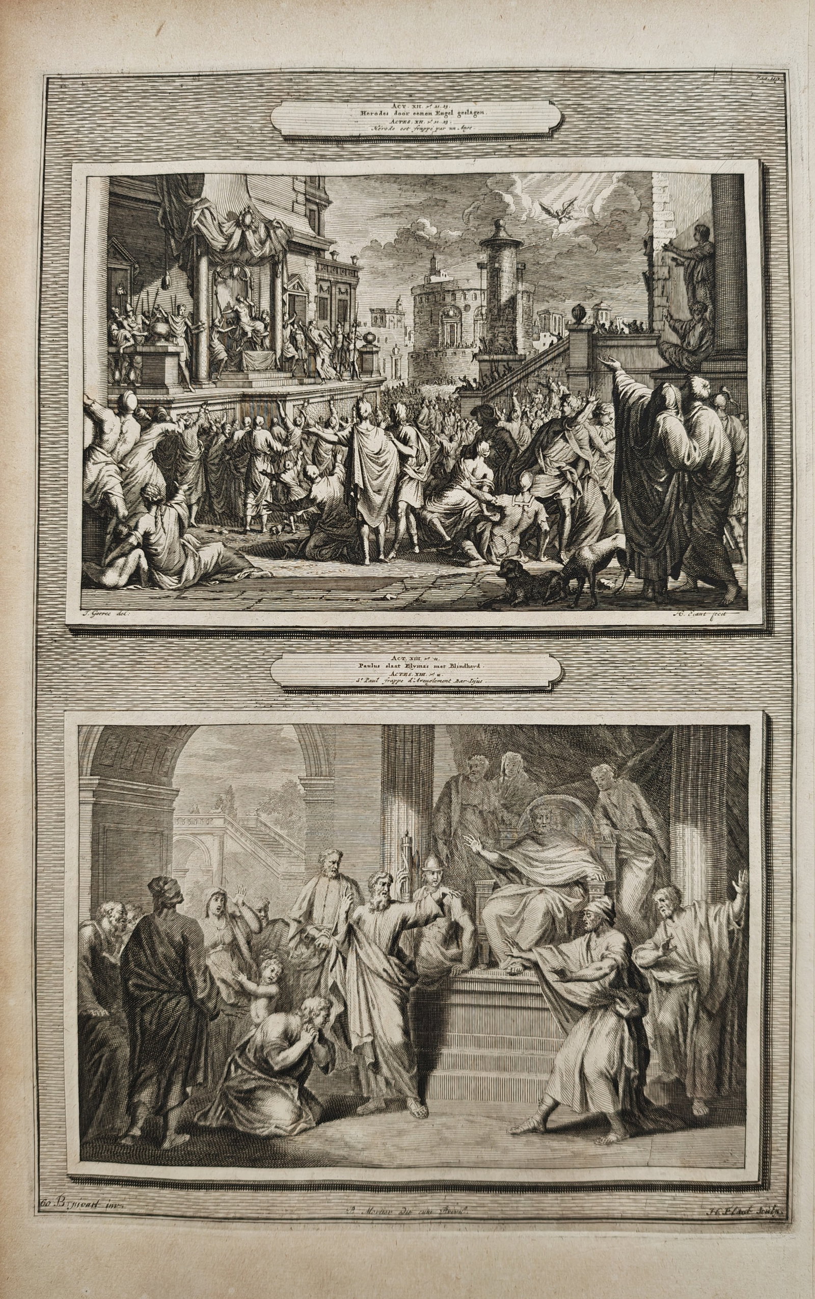 Pierre Mortier – The Death of King Herod Agrippa and Elymas Stricken with Blindness – Engraving: This biblical print features two distinct illustrated compartments depicting key narrative events from the New Testament Book of Acts, capturing King Herod Agrippa being struck down by an angel before