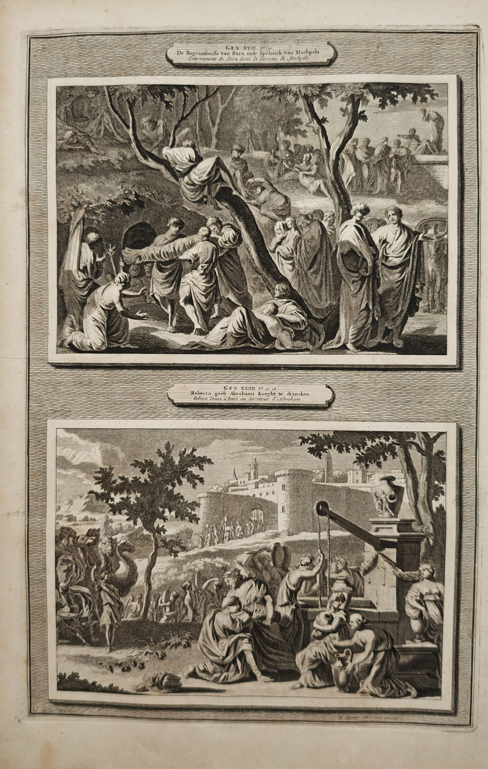 Pierre Mortier – The Burial of Sarah and Rebekah at the Well – Engraving (18th Century): This biblical print features two separate illustrated compartments depicting ancestral stories from the Book of Genesis, capturing the mournful burial procession of Sarah into the cave of Machpelah al