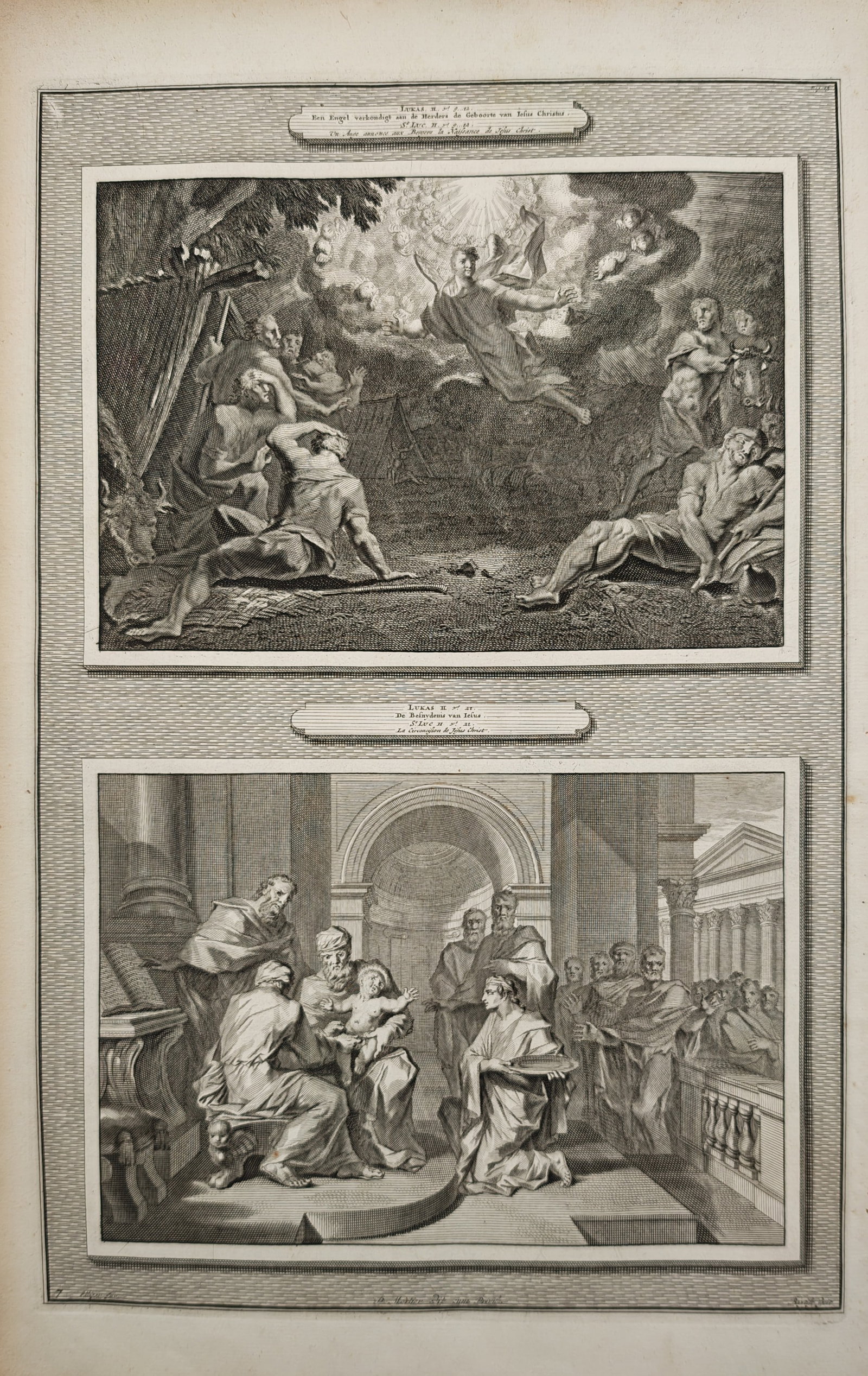 Pierre Mortier – The Nativity Angel and the Circumcision of Jesus – Engraving (18th Century): This biblical print features two distinct illustrated compartments depicting narrative events from the Gospel of Luke, capturing the angel appearing to the shepherds in a night landscape filled with h