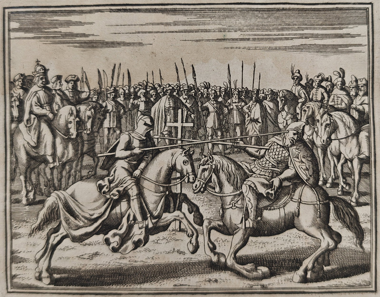 Johann Ludwig Gottfried – Jousting Tournament between Knight and Giant – Engraving (1 of 3)