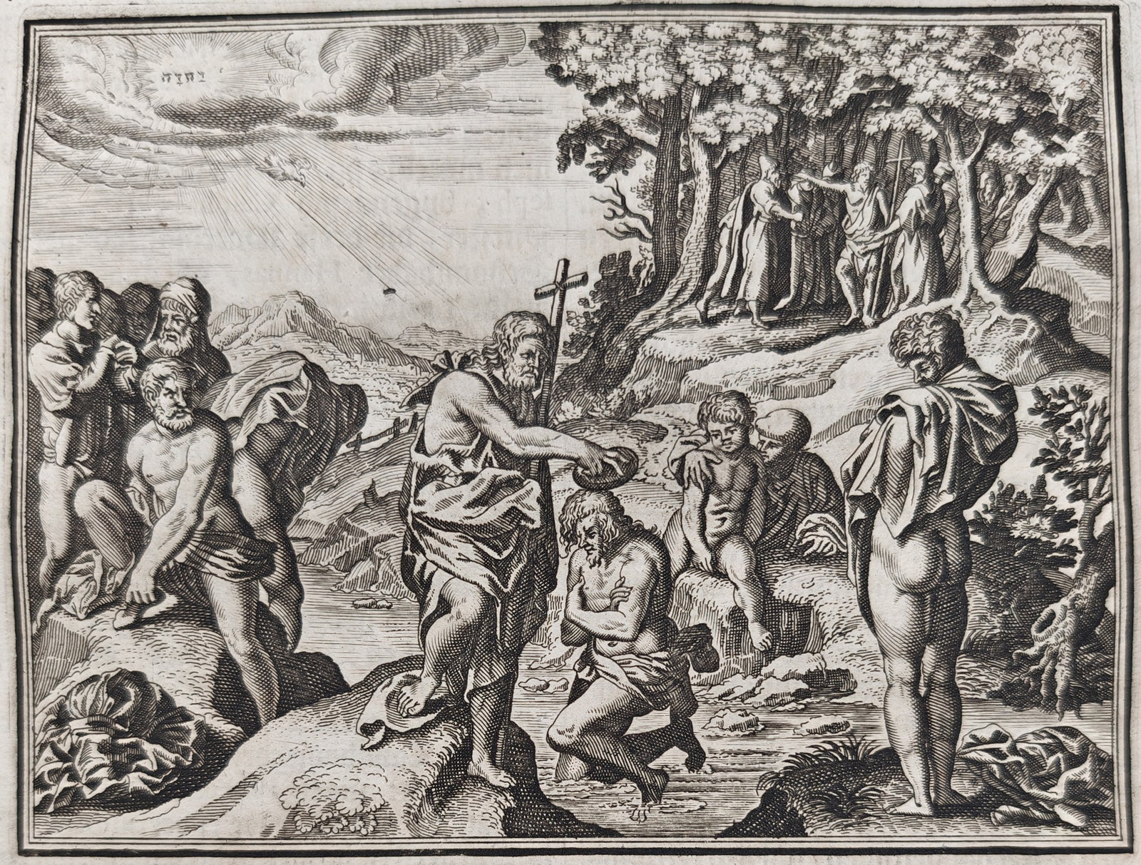 Johann Ludwig Gottfried – The Baptism of Jesus Christ – Engraving (17th Century): This historical print presents a text-integrated scene illustrating John the Baptist pouring water over the head of Jesus Christ in the Jordan River while surrounded by figures waiting along the rocky
