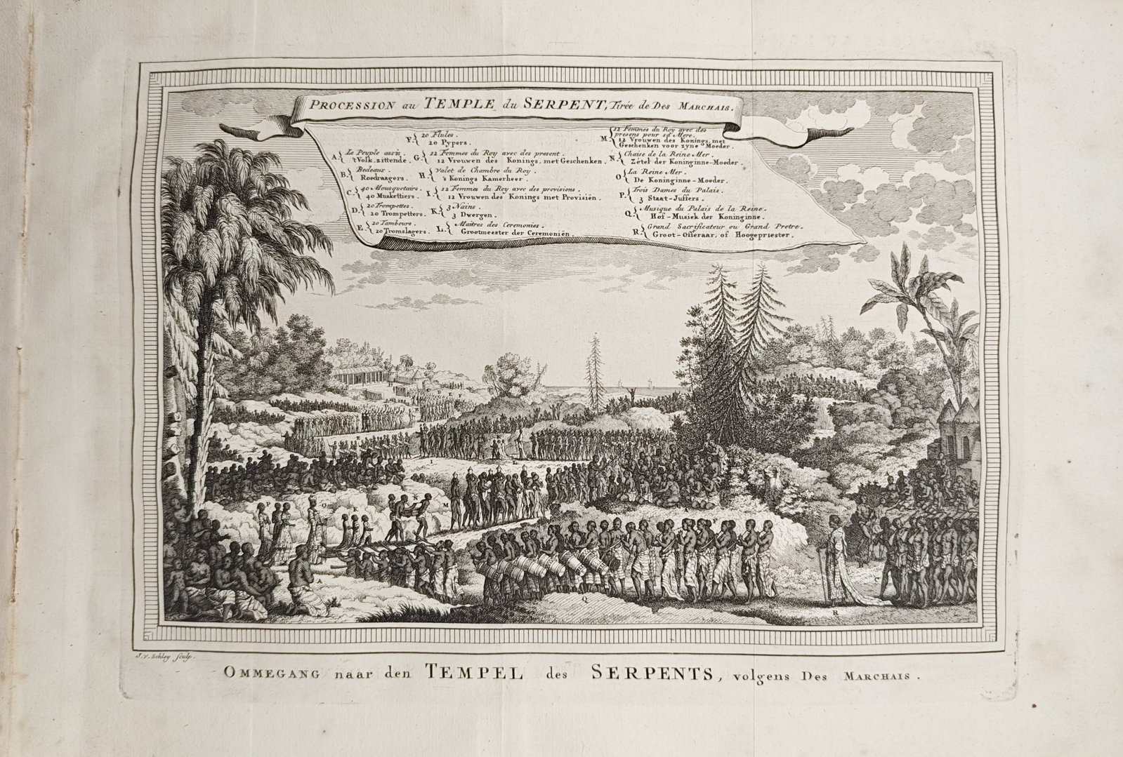 Jacob van der Schley – Procession to the Serpent Temple in West Africa – Engraving (18th: "Procession to the Temple of the Serpent" presents an eighteenth-century ethnographic study illustrating a monumental ceremonial gathering of royal figures, attendants, and musicians traveling toward 