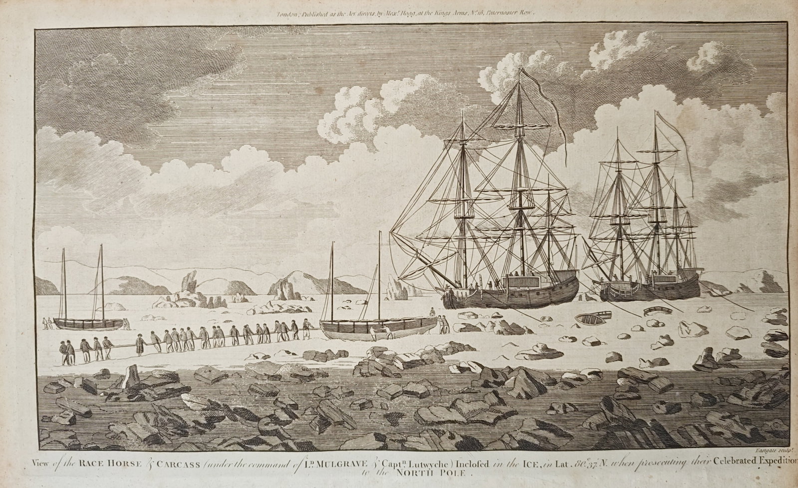 Alexander Hogg – Arctic Expedition of the Racehorse and Carcass in the Ice – Engraving: "View of the Racehorse and Carcass Inclosed in the Ice" presents an eighteenth-century maritime exploration scene illustrating naval bomb vessels locked within Arctic ice floes while crew members haul