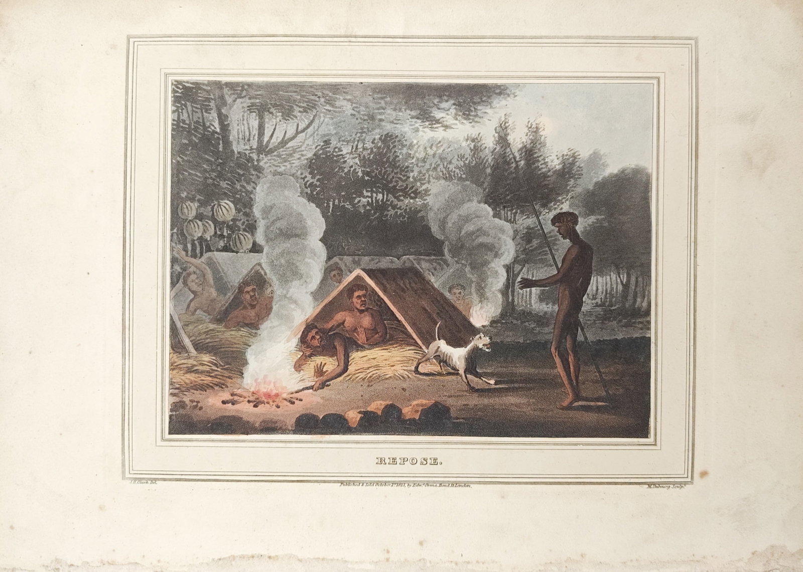 John Heaviside Clark – Indigenous Australian Camp at Repose – Aquatint (1813) (1 of 2)