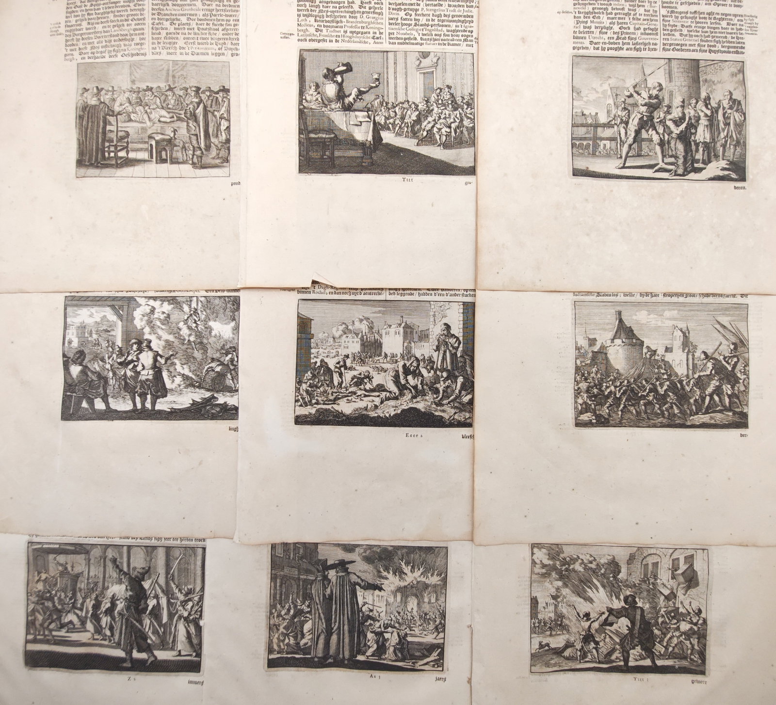 Johann Ludwig Gottfried – Set of 9: Historical Battles, Executions, Sieges – Engravings: "Historical Chronicle of Battles, Executions, and Public Tumults" presents a suite of narrative historical engravings illustrating dramatic executions, urban fires, court assemblies, and military conf