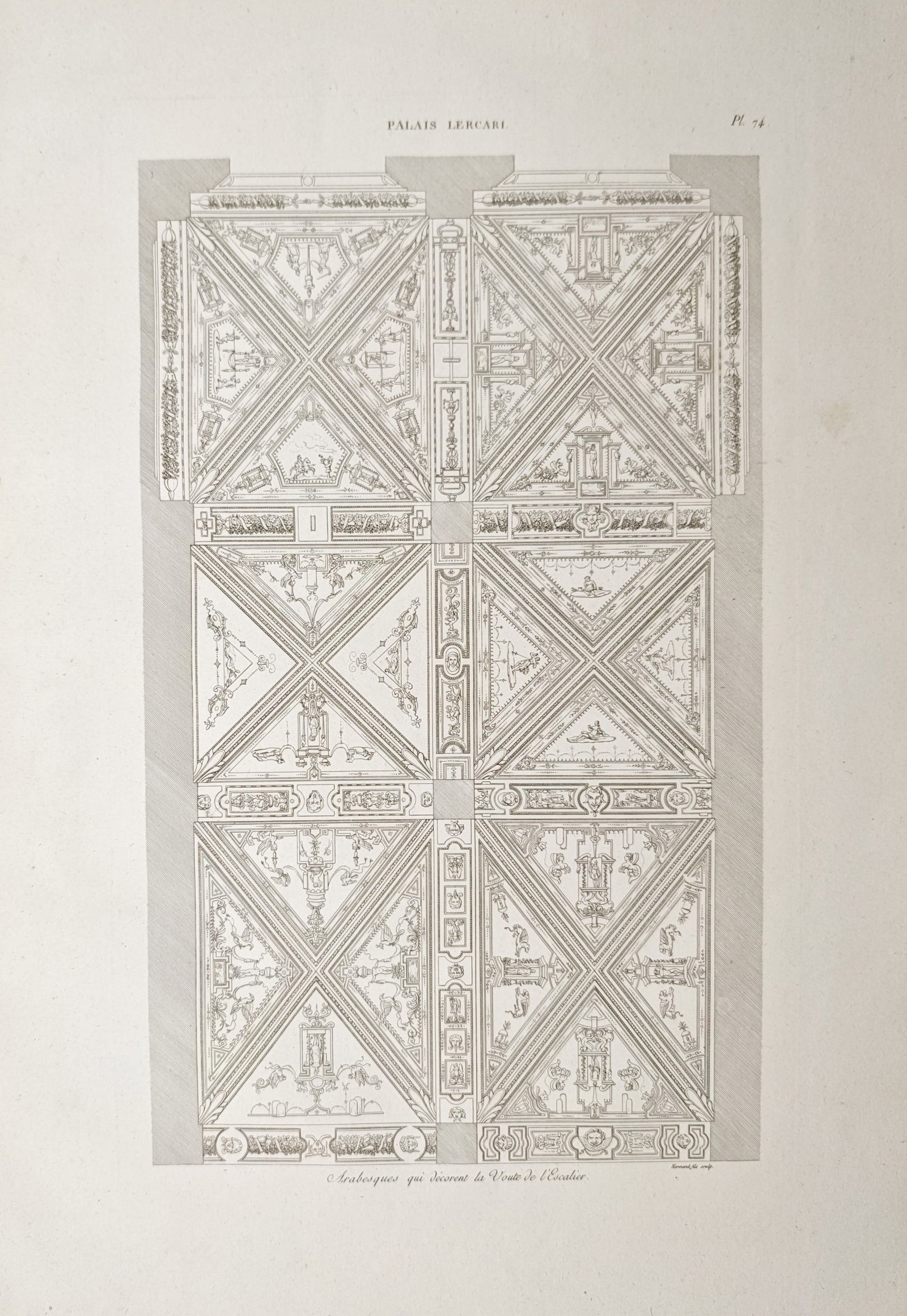 Louis-Marie Normand – Arabesques Decorating the Staircase Vault of Palais Lercari – Engraving: "Arabesques Decorating the Staircase Vault" illustrates an intricate ornamental scheme of classical decorative panels designed for the ceiling vault of the Palazzo Lercari in Genoa. The engraving was 
