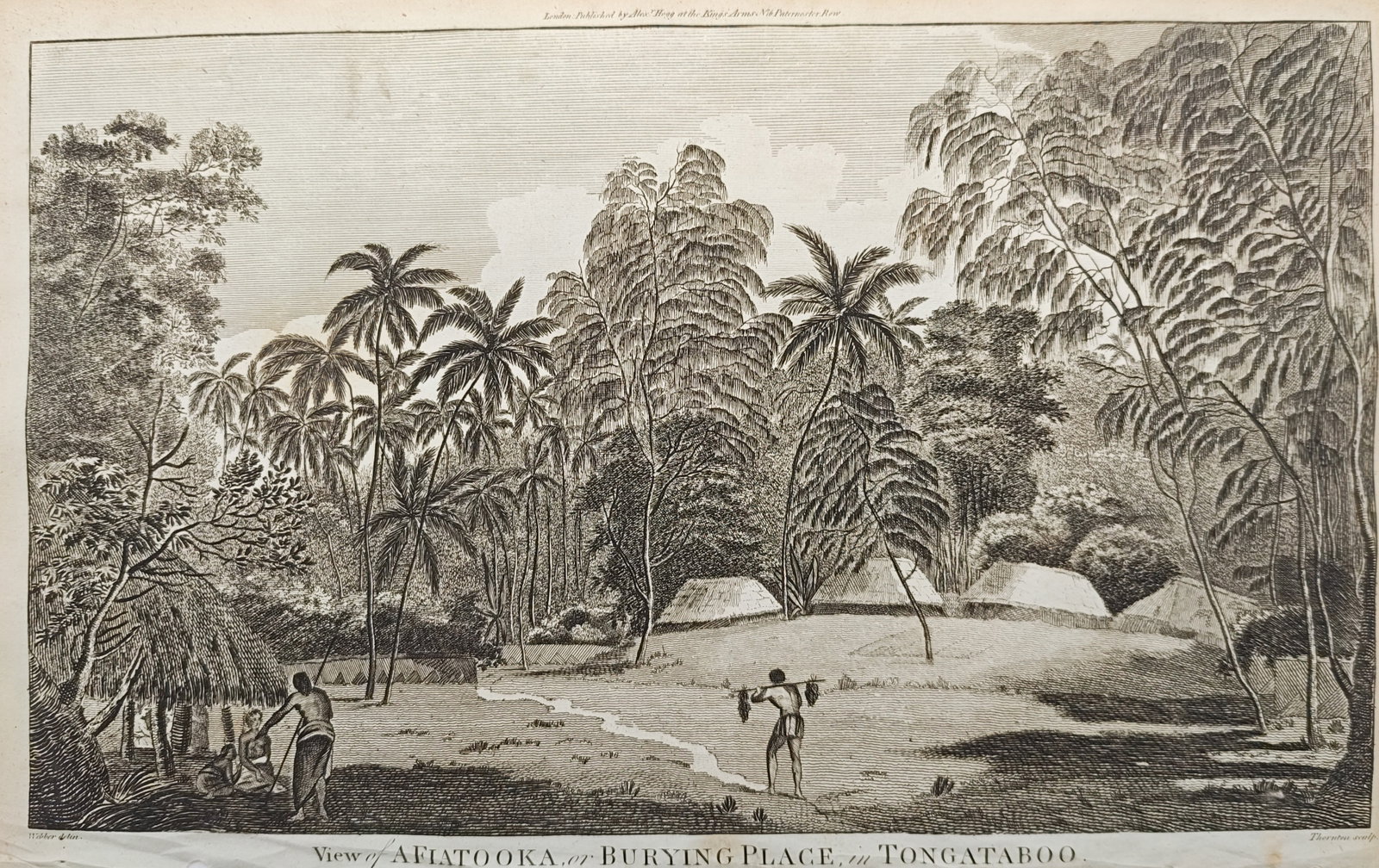 Alexander Hogg – View of Afiatooka, or Burying Place, in Tongataboo – Engraving (1784–1786): "View of Afiatooka, or Burying Place, in Tongataboo" depicts a traditional sacred burial ground and thatched dwellings set amidst tropical vegetation and local figures on the island of Tongatapu. The 