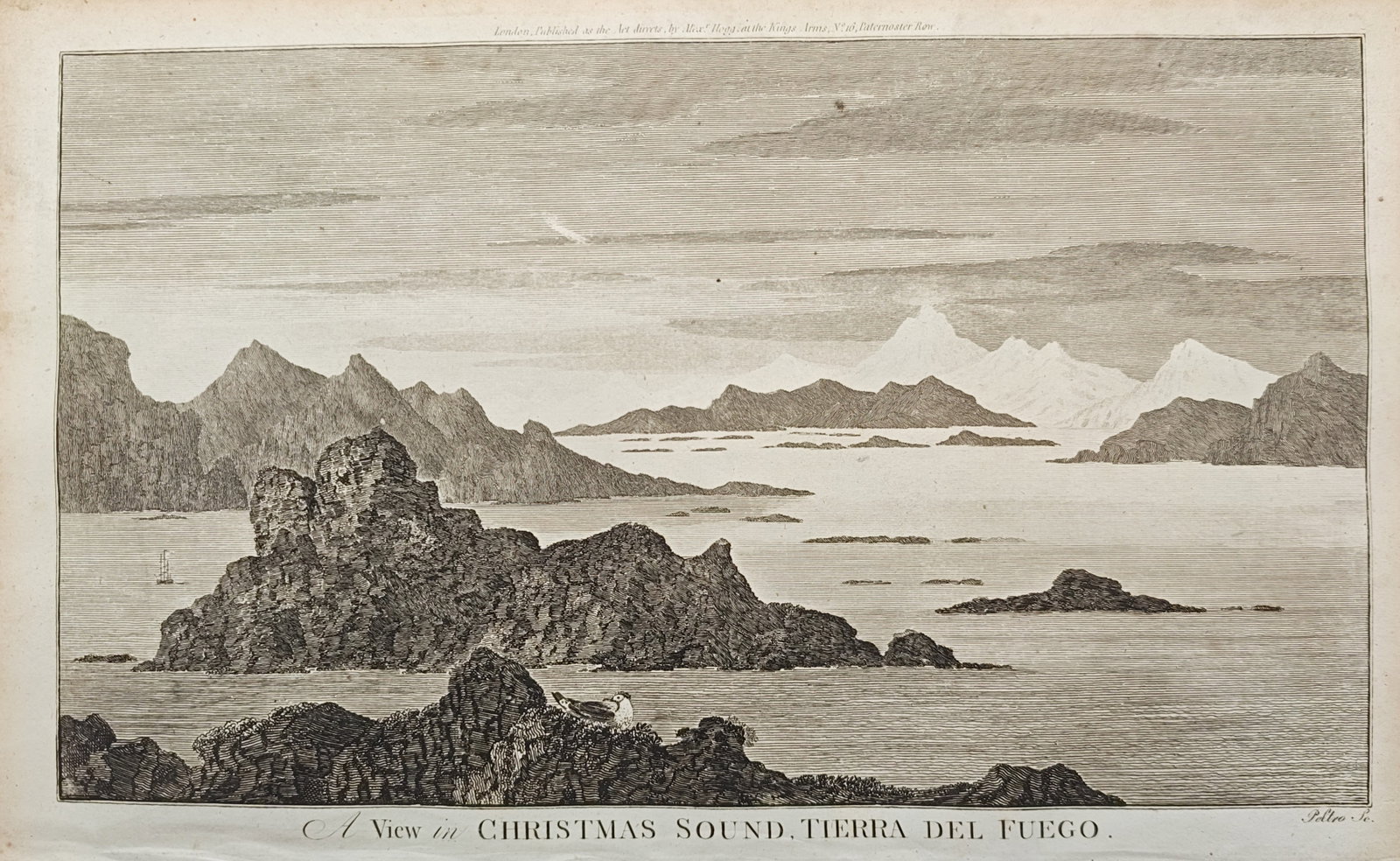Alexander Hogg – View in Christmas Sound, Tierra del Fuego – Engraving (1784–1786): "View in Christmas Sound, Tierra del Fuego" illustrates a rugged coastal landscape featuring rocky islands, dramatic mountainous terrain, and distant snow-capped peaks along the southern tip of South 