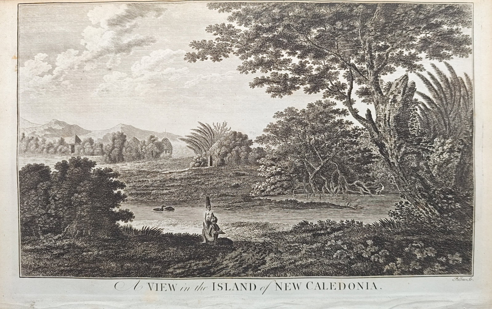 Alexander Hogg – View in the Island of New Caledonia – Engraving (1784–1786): "View in the Island of New Caledonia" illustrates a tropical river landscape flanked by dense woodland, distant mountains, and indigenous figures along the riverbank near local dwellings. The engravin