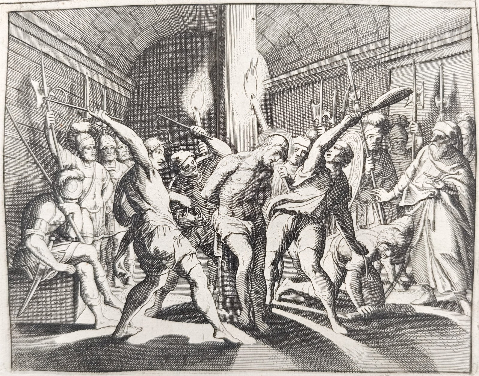 Nicolas Fontaine – The Flagellation of Our Lord Jesus Christ – Engraving (1670): "The Flagellation of Our Lord Jesus Christ" illustrates a biblical Passion scene depicting Christ bound to a pillar while being scourged by soldiers under torchlight. The engraving was published in Pa